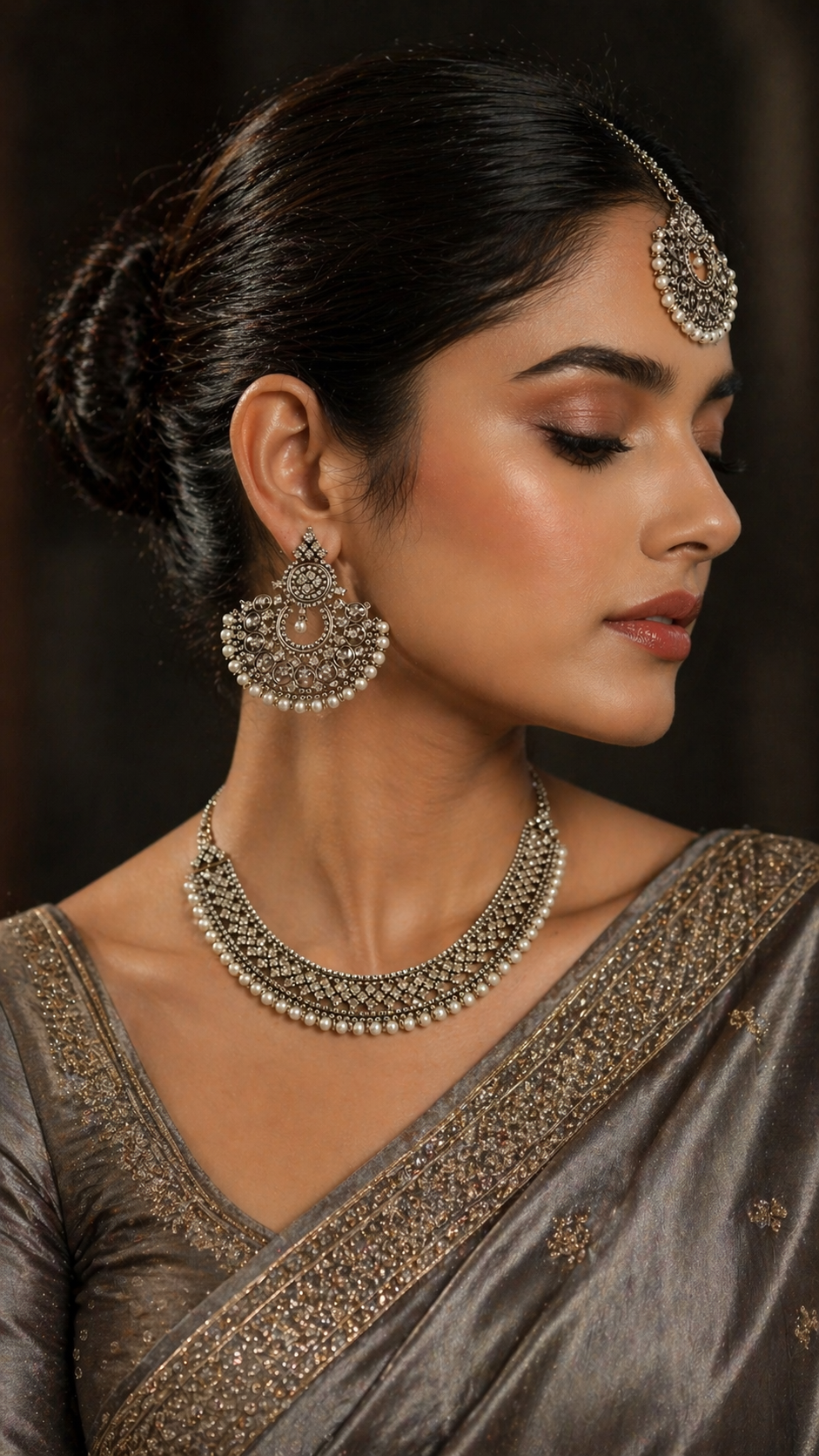 Zarmeena rhodium plated jewelry set with zircones crystals pearls necklace earrings and tikka