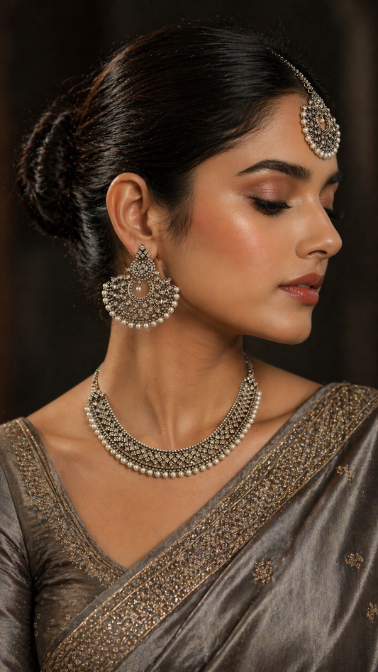 Zarmeena rhodium plated jewelry set with zircones crystals pearls necklace earrings and tikka