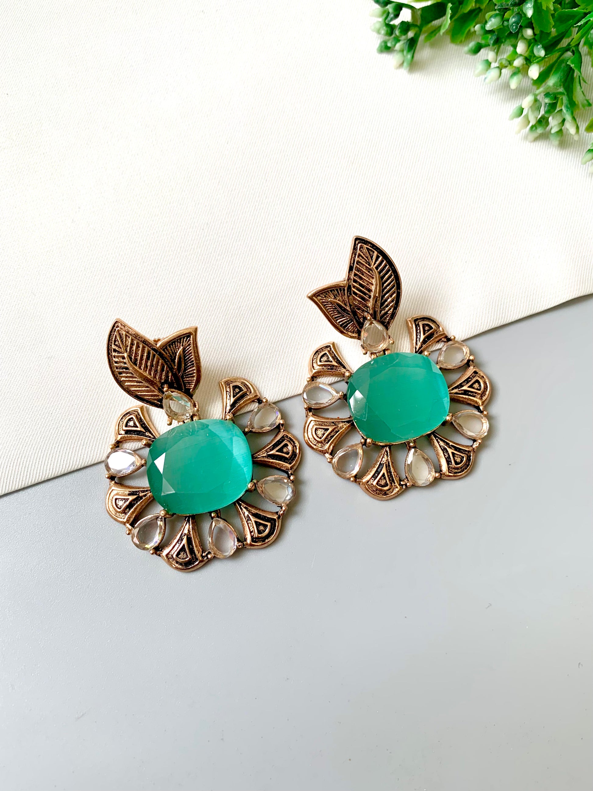 Hand-crafted Zarmina Earrings in semi-precious Mint Onyx with Polki diamonds, hand-painted Meena, and 22kt Victorian Gold matte plating by Zamal Jewels.