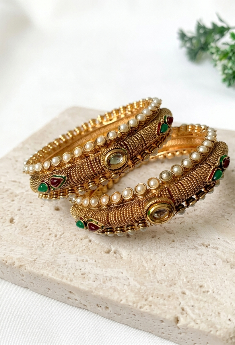 Pair of handcrafted 22kt gold plated openable screw bangles with Kundan, semi-precious pearls, ruby, and emerald stones