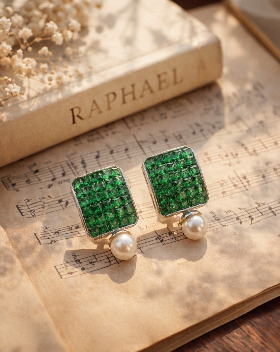 A pair of silver-toned rectangular stud earrings with pavé green stones and a single pearl drop, styled on an open vintage book with sheet music and dried flowers.