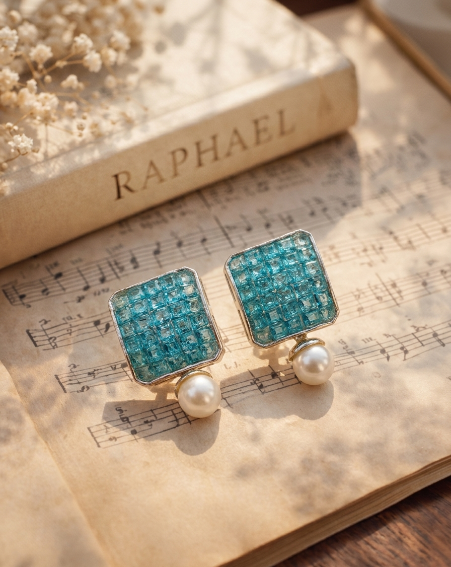 A pair of gold-toned square stud earrings with turquoise-blue crystal pavé tops and a small white pearl drop, styled on an open book of sheet music next to a vintage book.