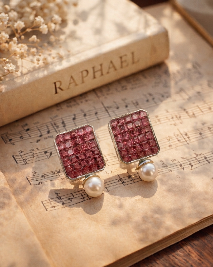 A pair of silver-toned square stud earrings with deep pink gemstone faces and small white pearl drops, styled on an open vintage book over sheet music with dried flowers and a book labeled RAPHAEL.