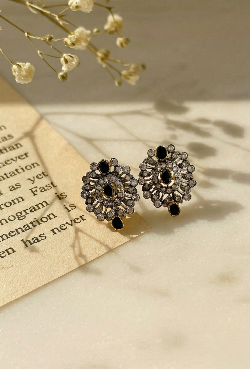 Zoiga rhodium plated antique victorian studs with American diamonds and onyx accents