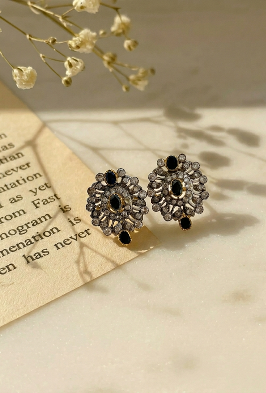 Zoiga rhodium plated antique victorian studs with American diamonds and onyx accents