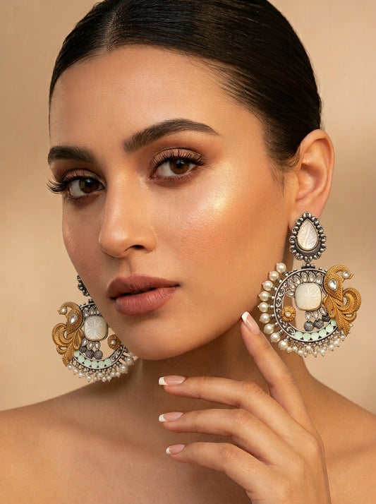 Zuniya handcrafted 22kt Gold and Rhodium plated Polki Kundan earrings with Mother of Pearl and Pearls