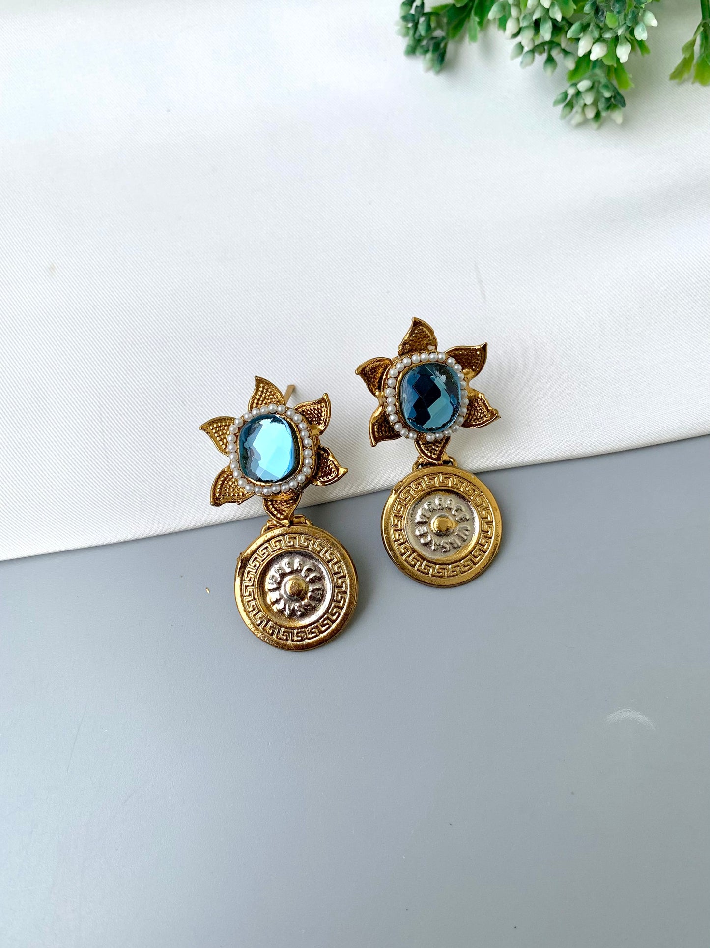 Airah aqua pearl earrings in gold plating with colorful gemstone accents