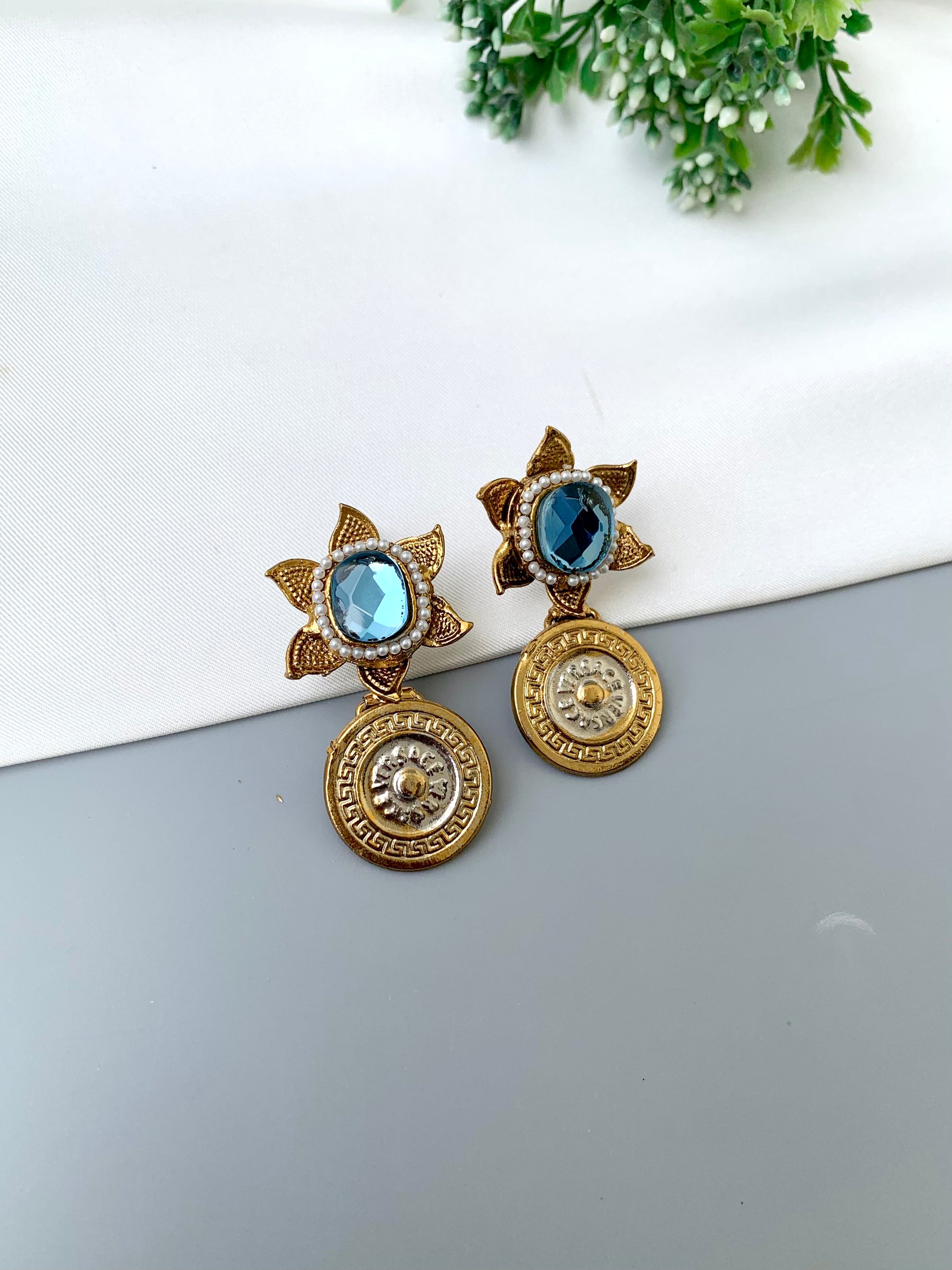 Airah aqua pearl earrings in gold plating with colorful gemstone accents