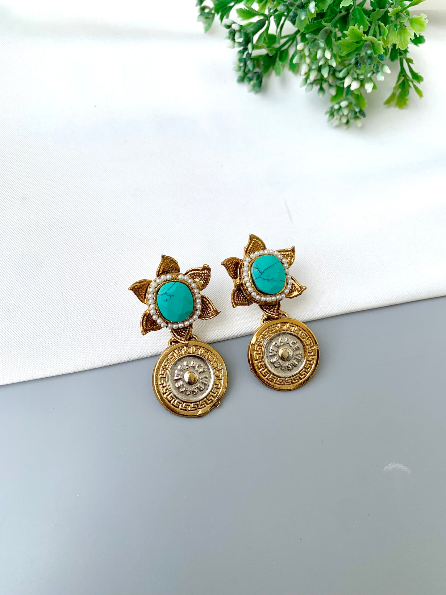 Airah feroza pearl earrings in gold plating with colorful gemstone accents