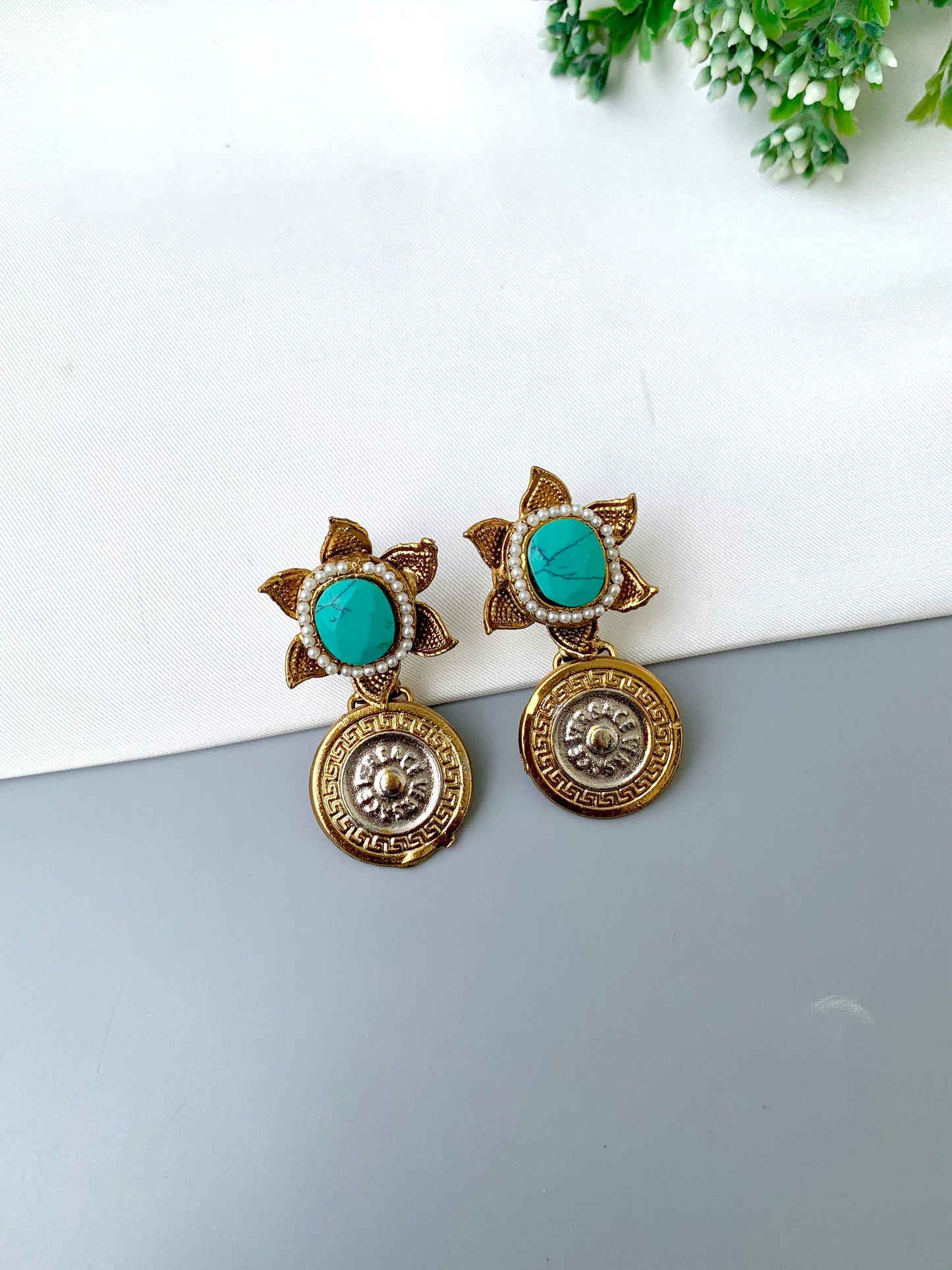 Airah feroza pearl earrings in gold plating with colorful gemstone accents