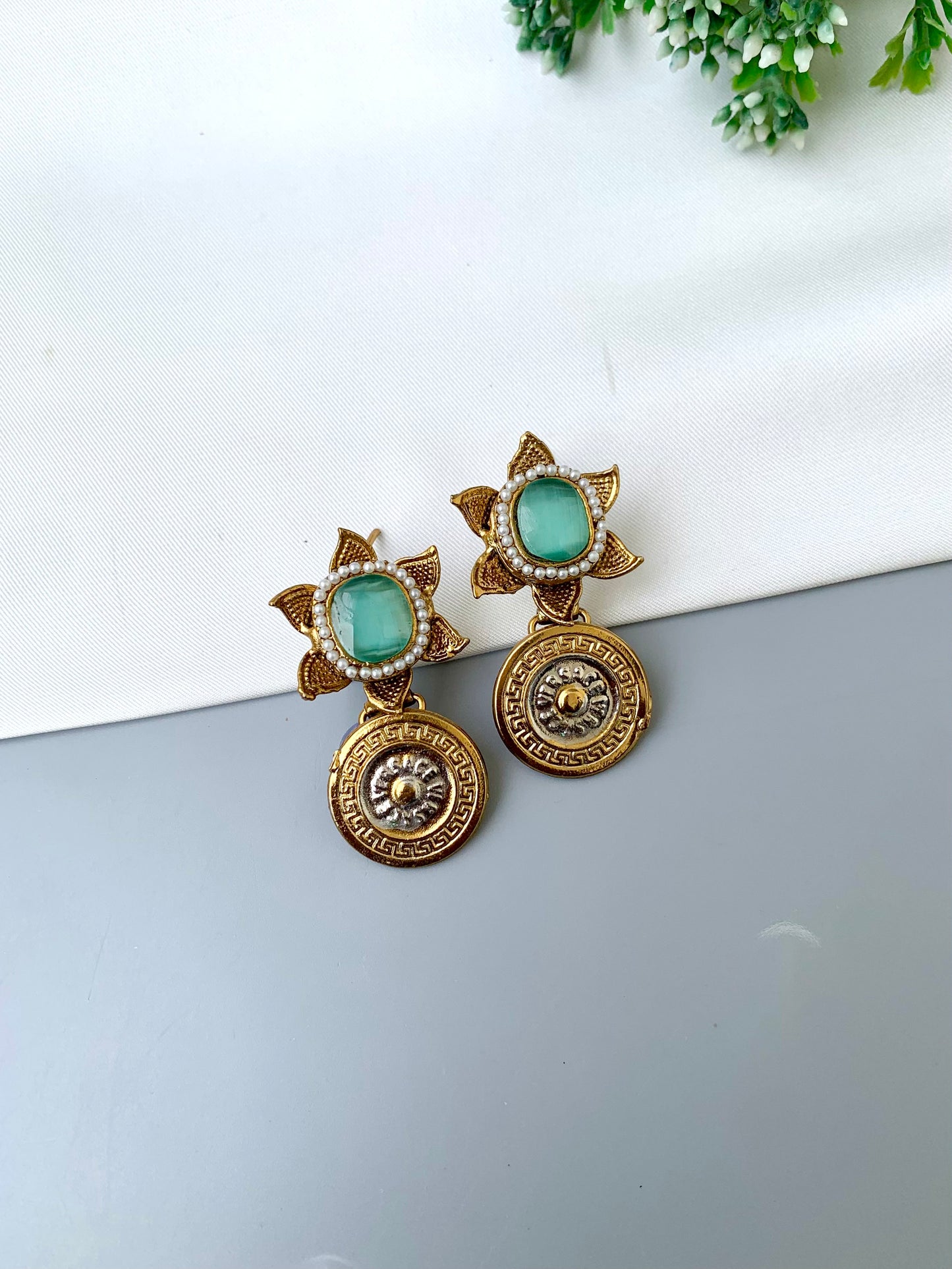 Airah mint pearl earrings in gold plating with colorful gemstone accents