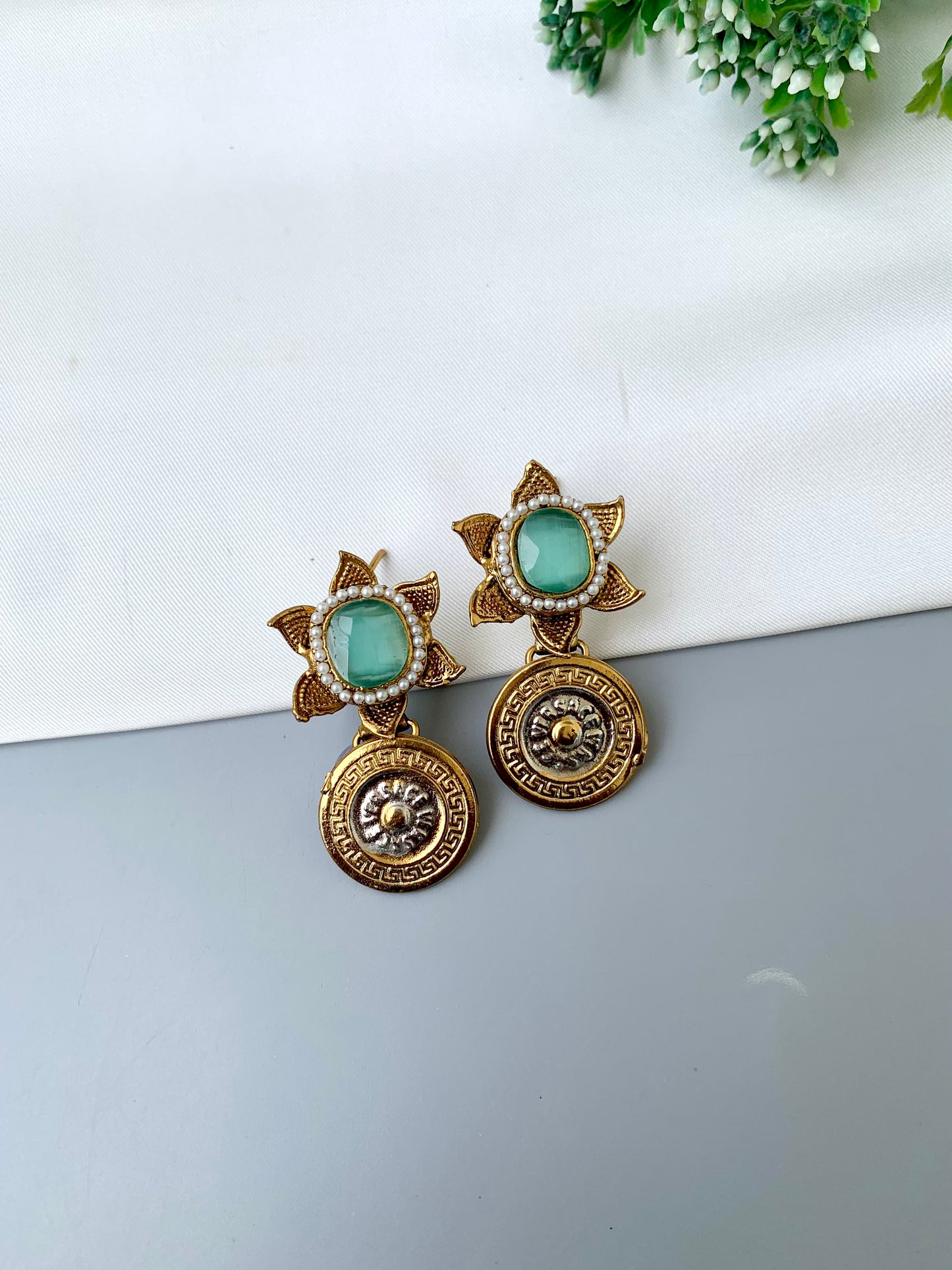 Airah mint pearl earrings in gold plating with colorful gemstone accents