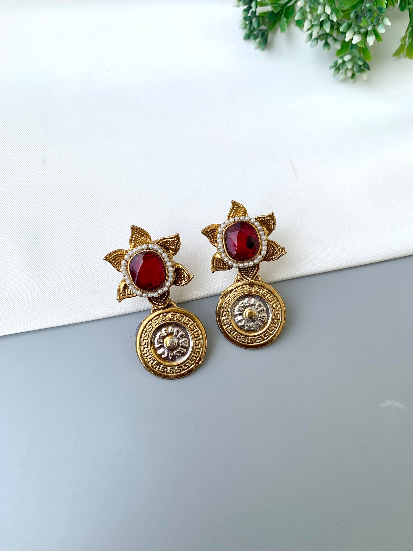 Airah ruby pearl earrings in gold plating with colorful gemstone accents