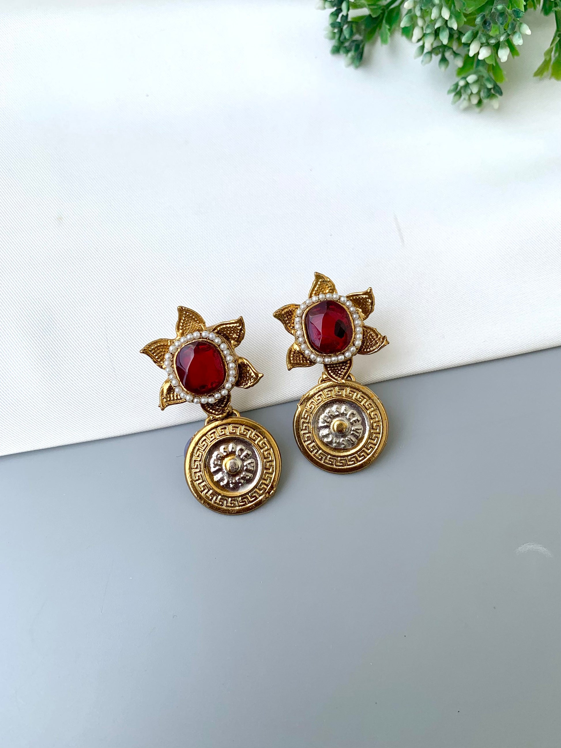 Airah ruby pearl earrings in gold plating with colorful gemstone accents