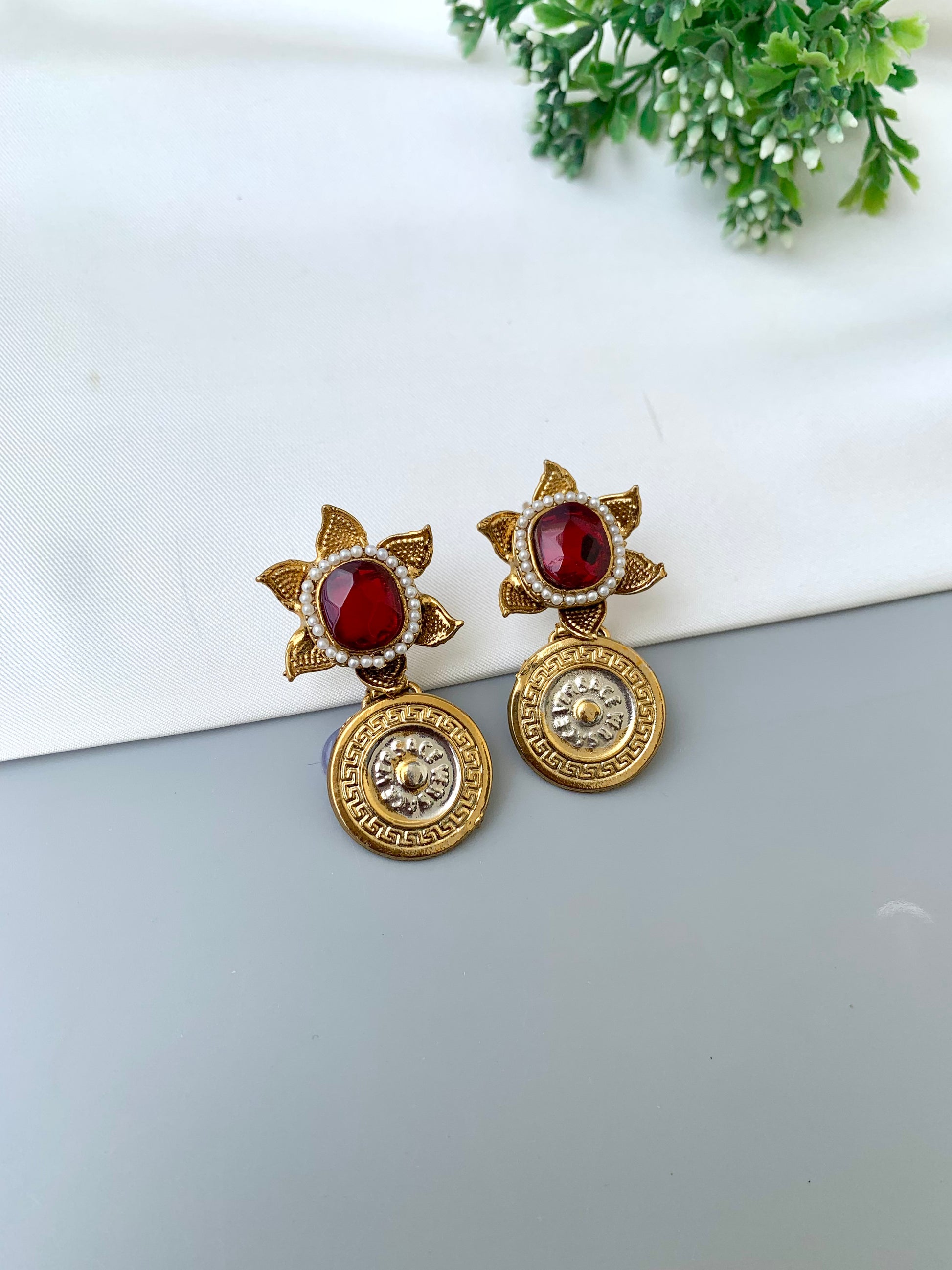 Airah ruby pearl earrings in gold plating with colorful gemstone accents