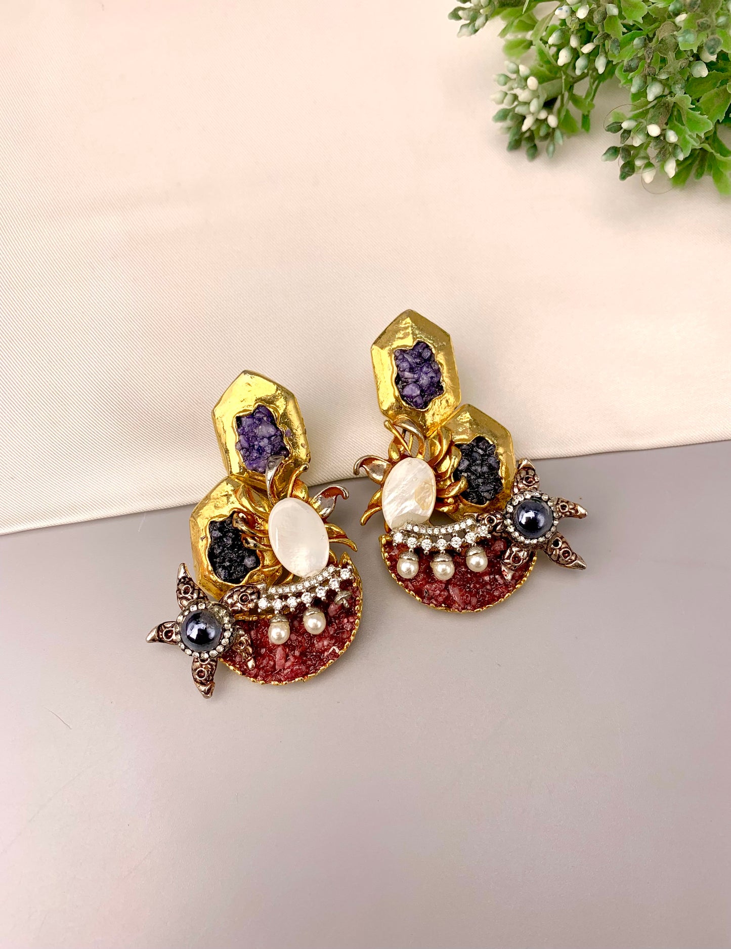 Akisha gold plated earrings with American diamonds marcasite mother of pearl and natural gemstones