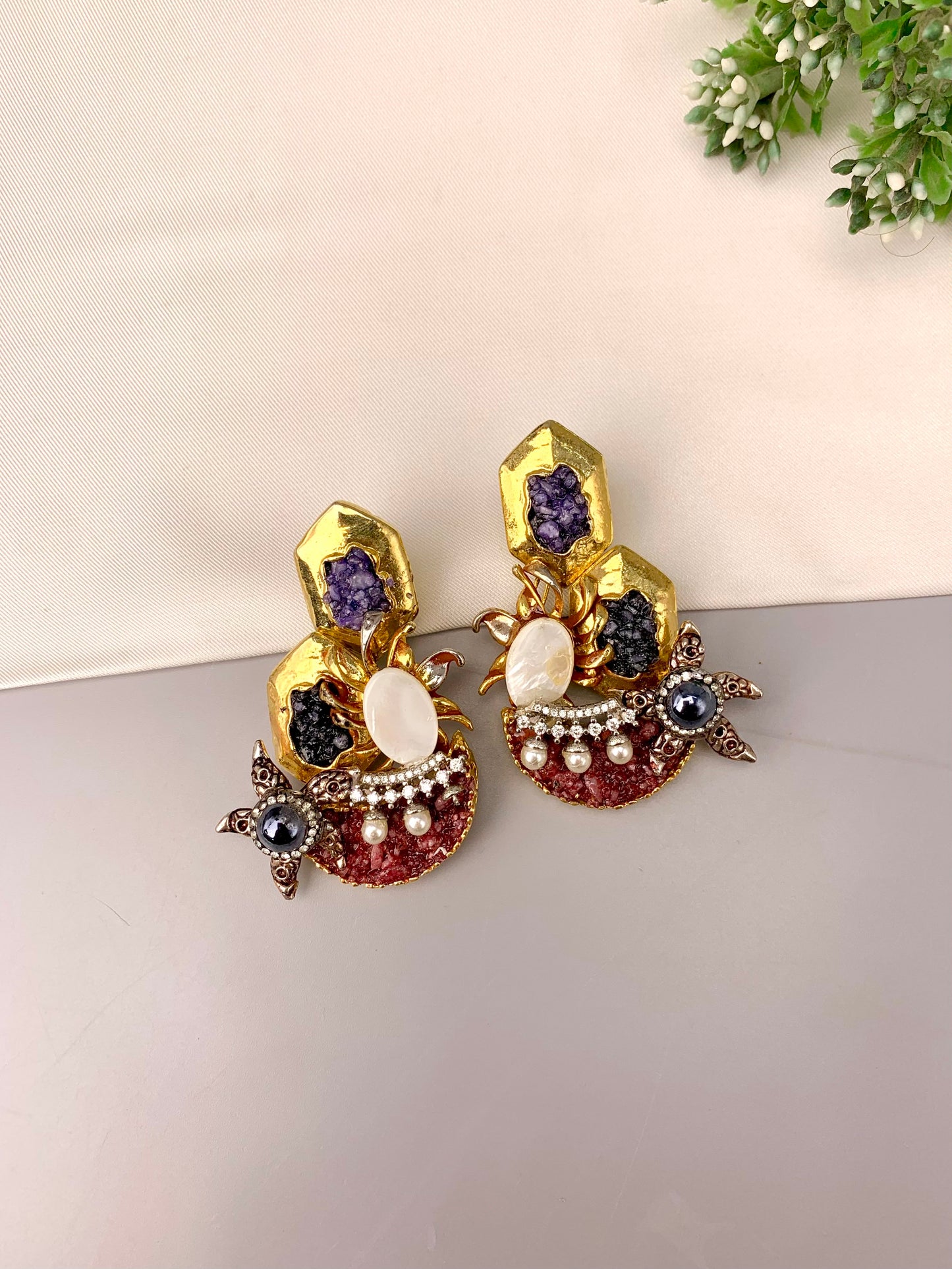 Akisha gold plated earrings with American diamonds marcasite mother of pearl and natural gemstones