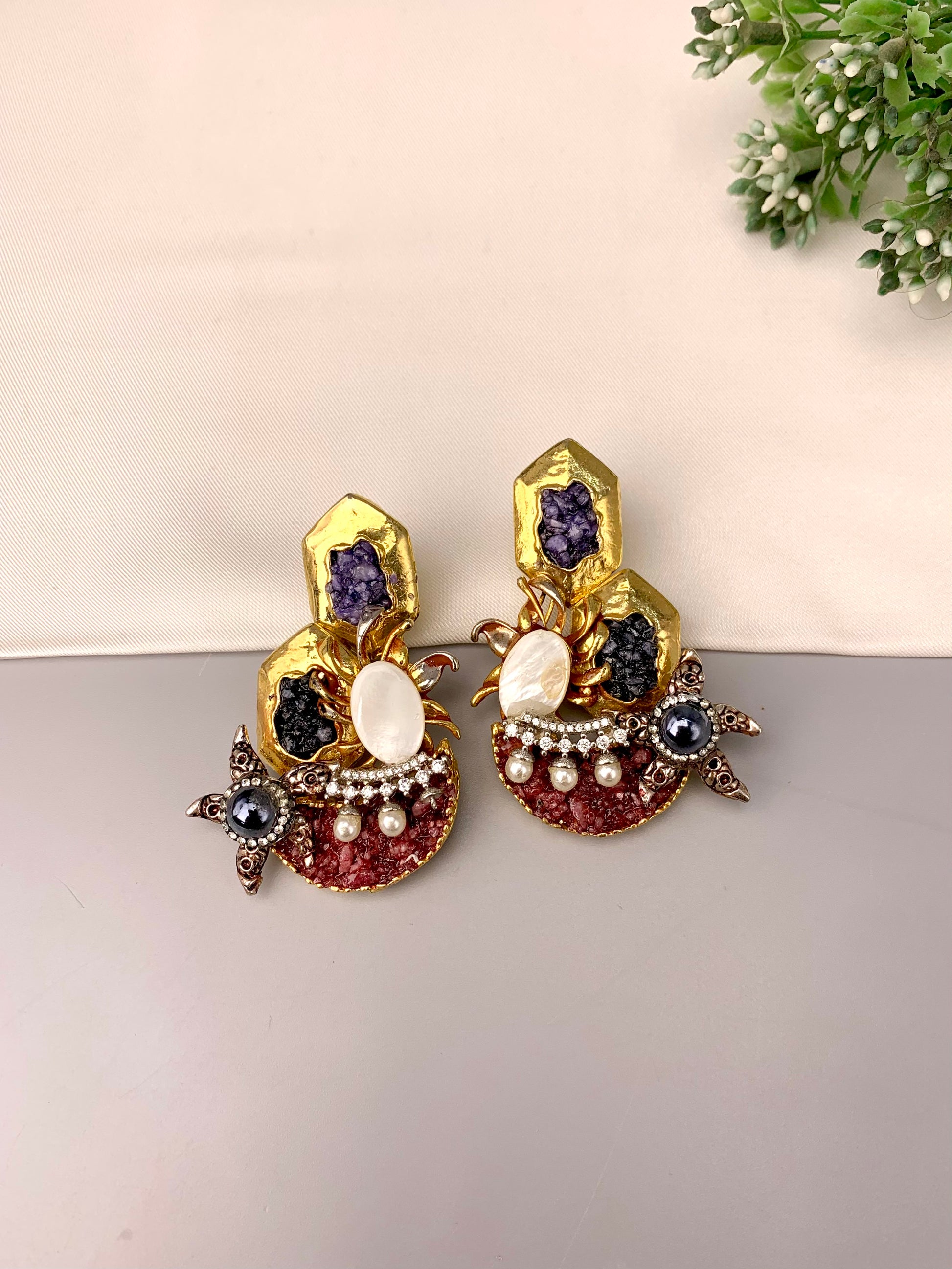 Akisha gold plated earrings with American diamonds marcasite mother of pearl and natural gemstones