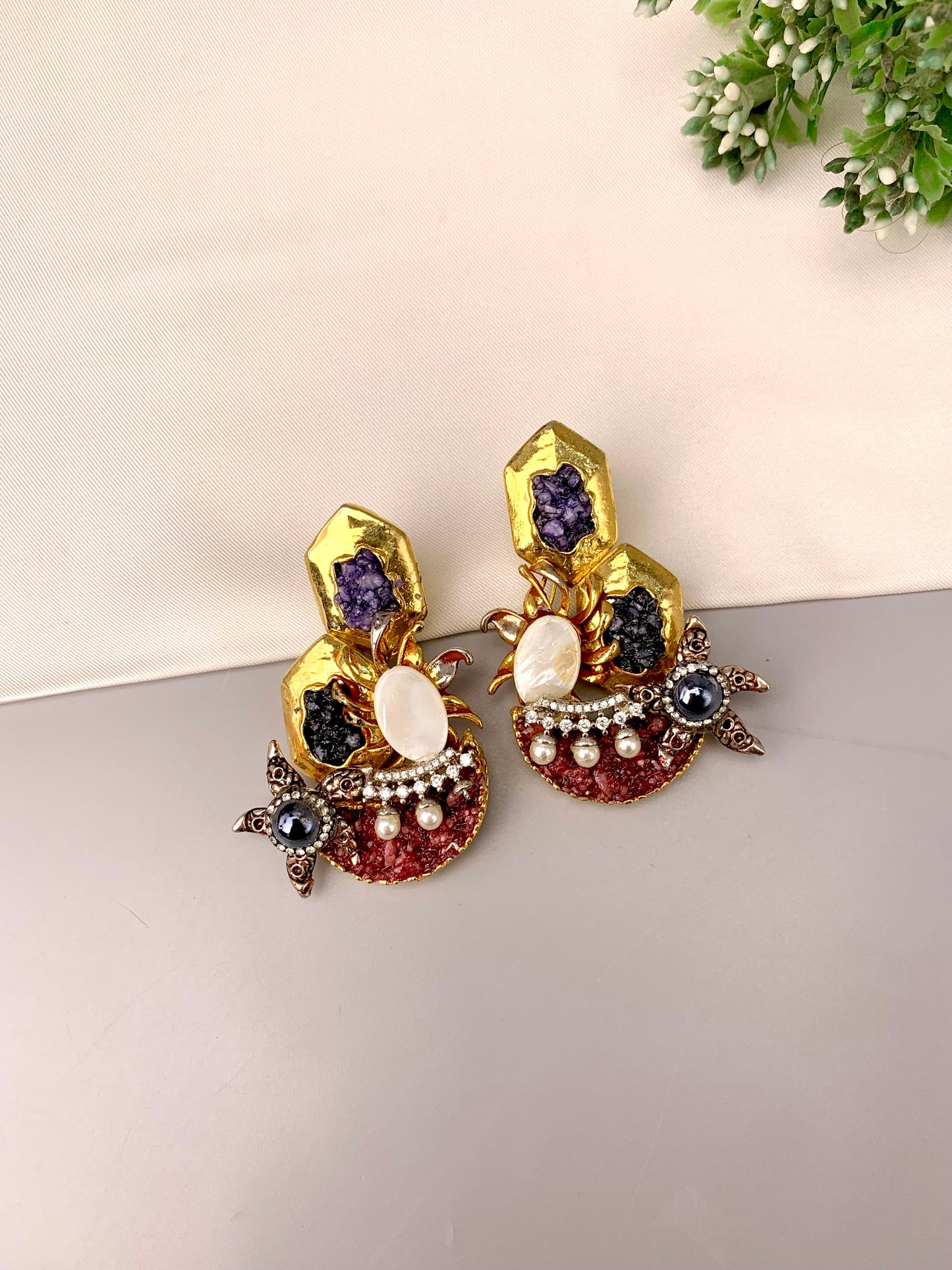 Akisha gold plated earrings with American diamonds marcasite mother of pearl and natural gemstones
