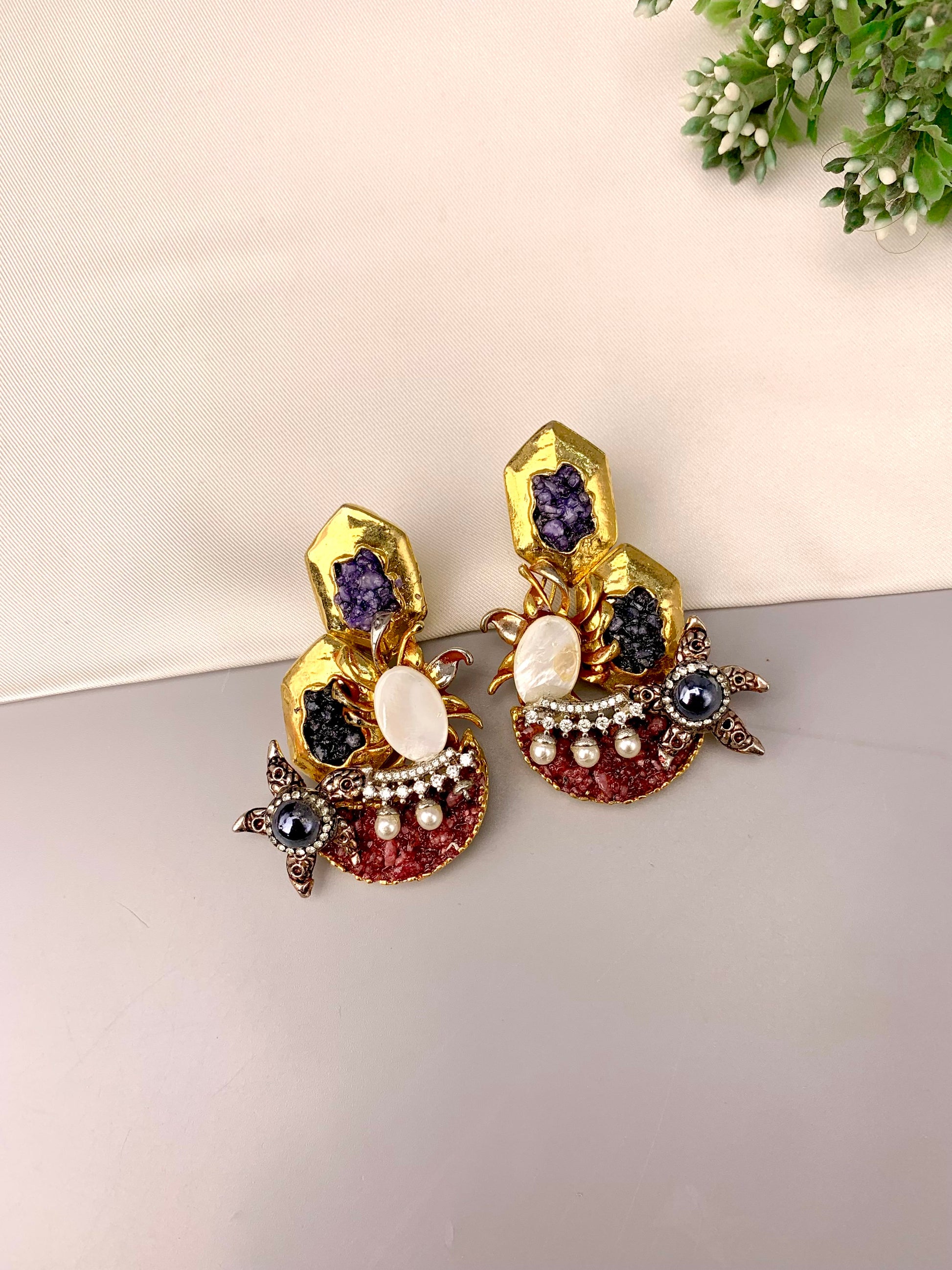 Akisha gold plated earrings with American diamonds marcasite mother of pearl and natural gemstones