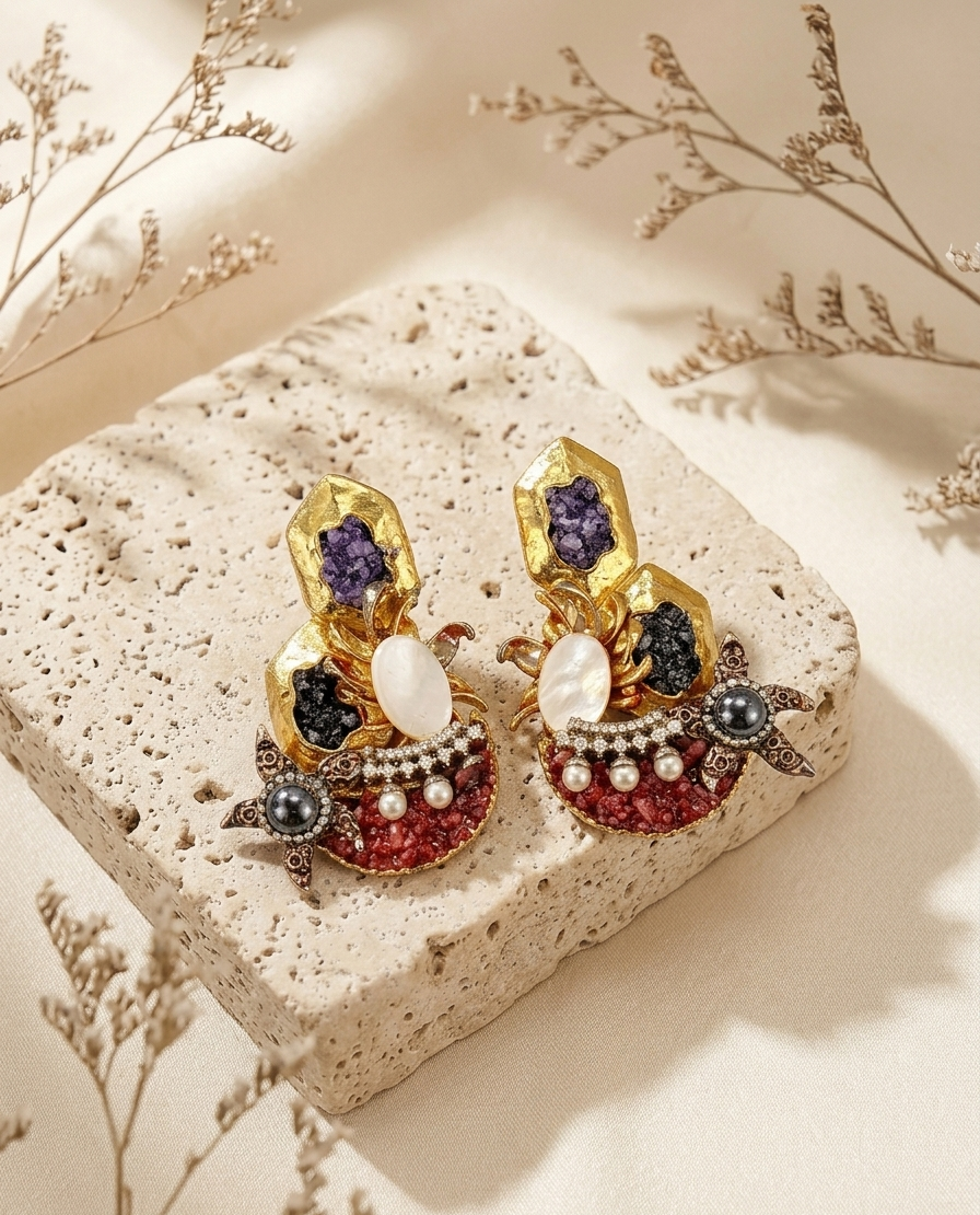 Akisha gold plated earrings with American diamonds marcasite mother of pearl and natural gemstones