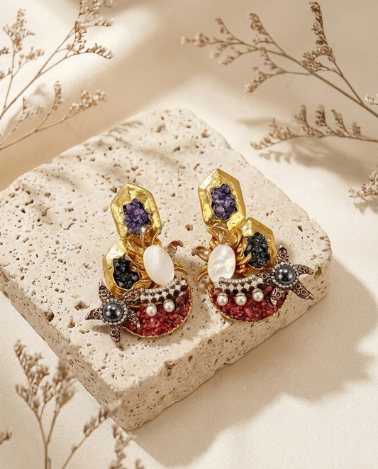 Akisha gold plated earrings with American diamonds marcasite mother of pearl and natural gemstones