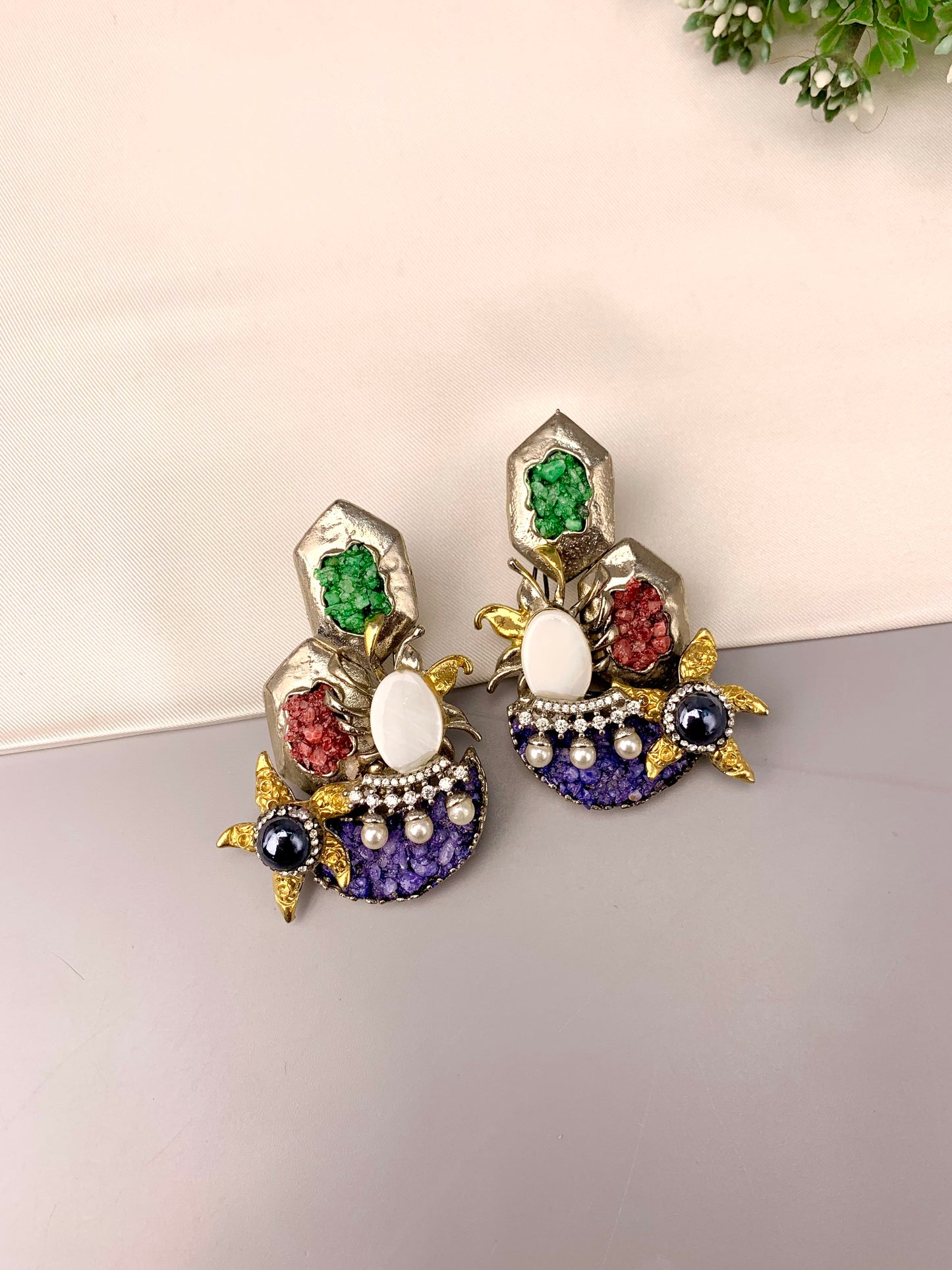 Akisha rhodium plated earrings with American diamonds marcasite mother of pearl and natural gemstones