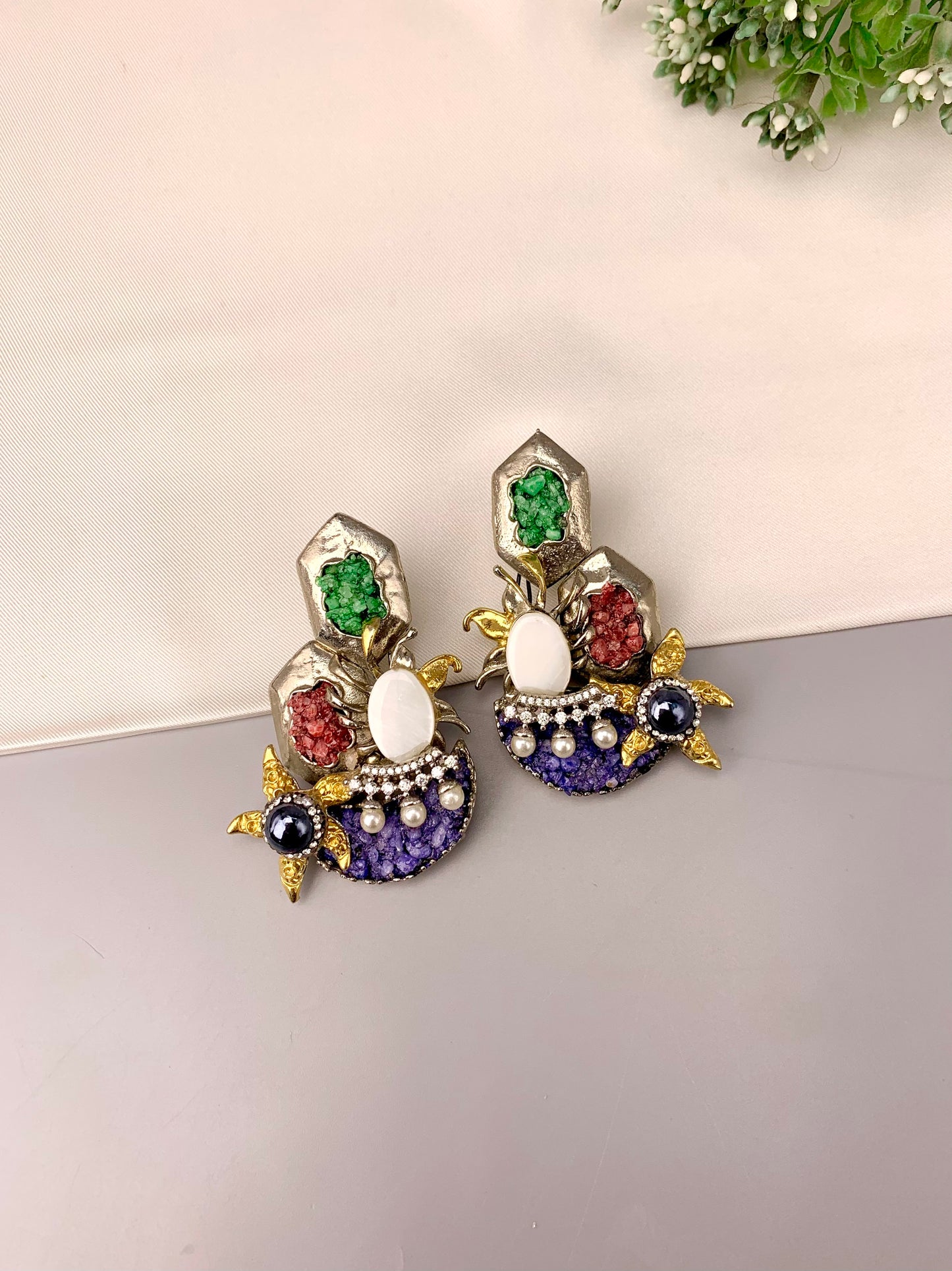 Akisha rhodium plated earrings with American diamonds marcasite mother of pearl and natural gemstones