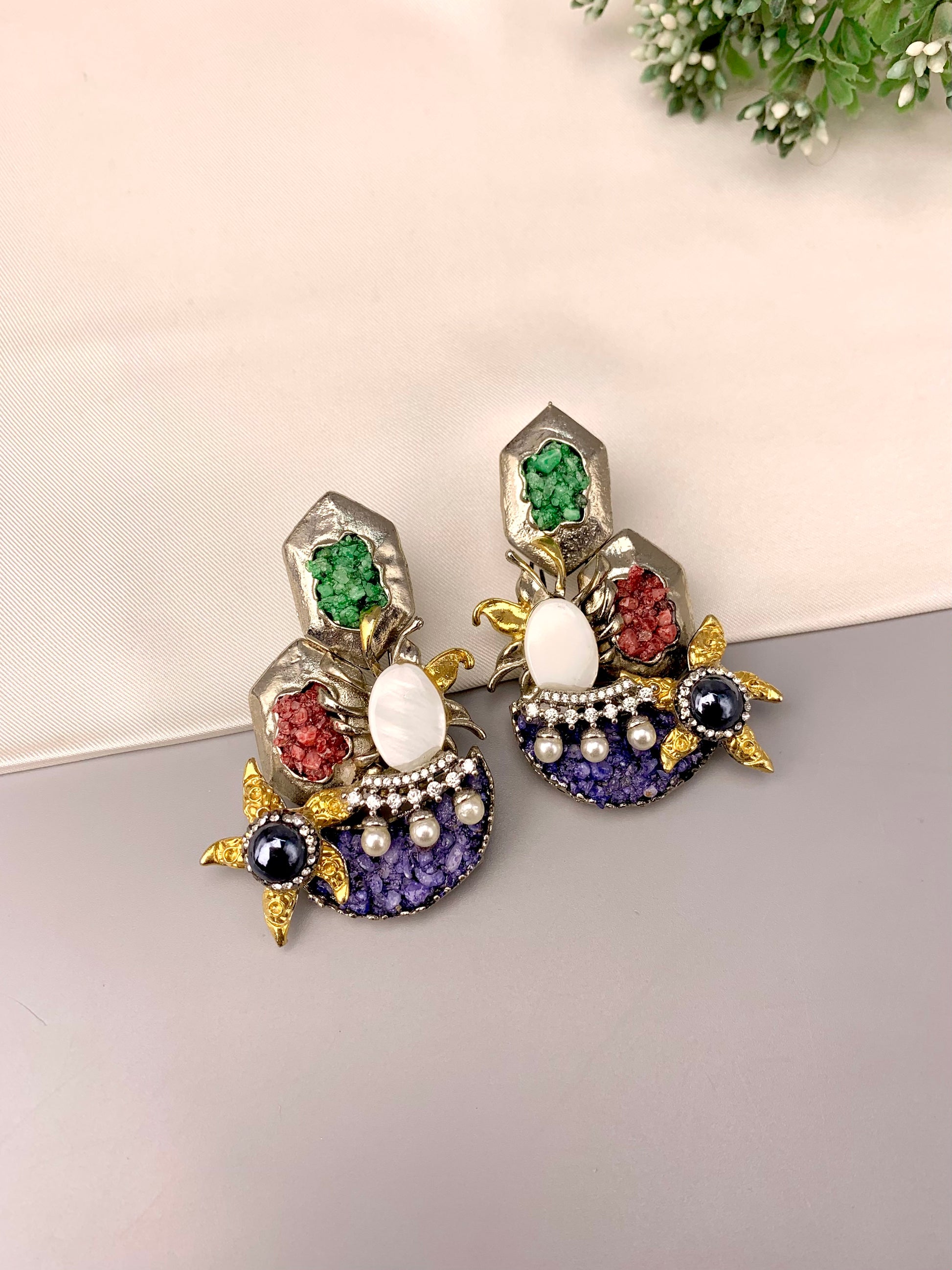 Akisha rhodium plated earrings with American diamonds marcasite mother of pearl and natural gemstones
