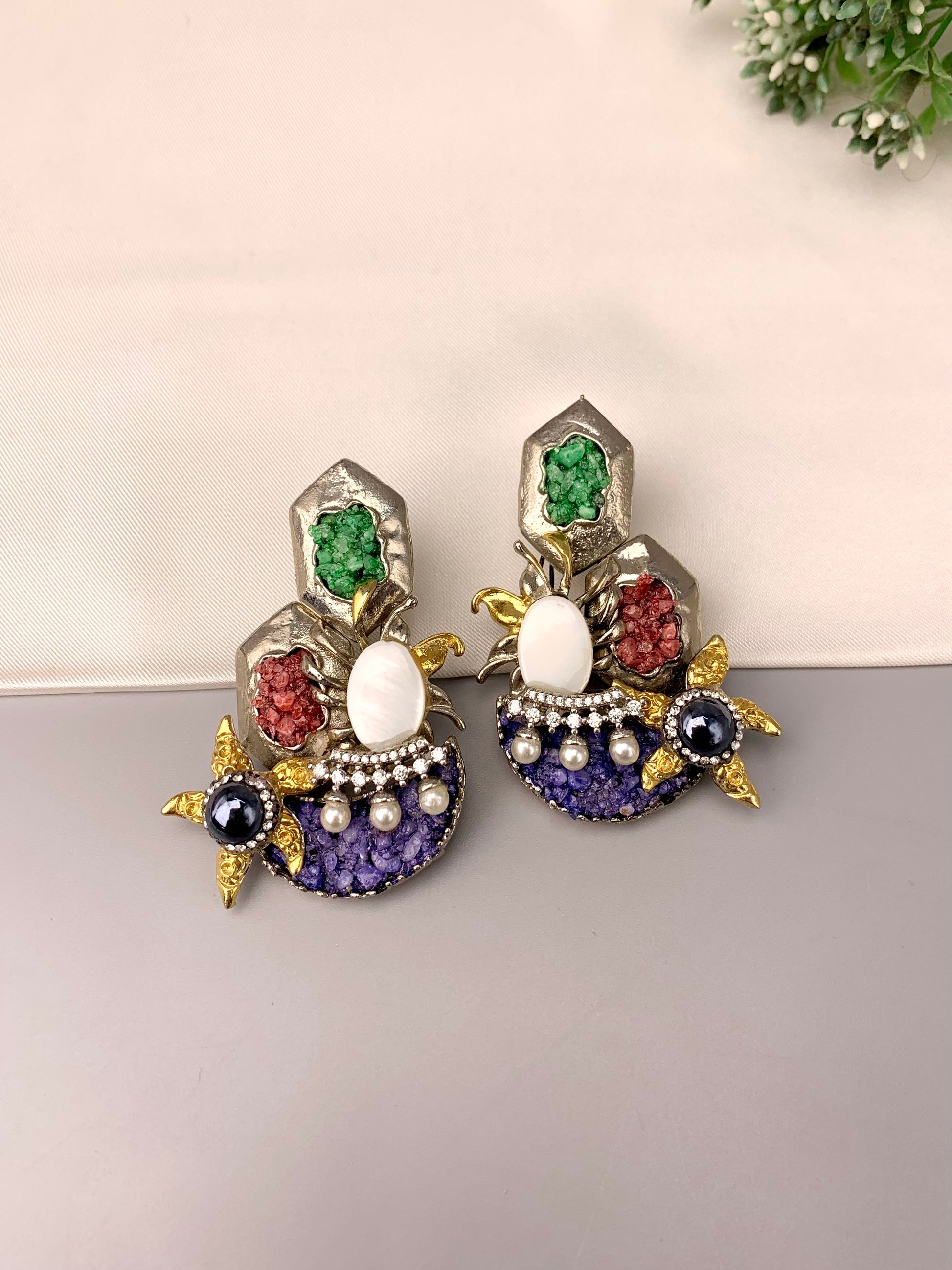 Akisha rhodium plated earrings with American diamonds marcasite mother of pearl and natural gemstones