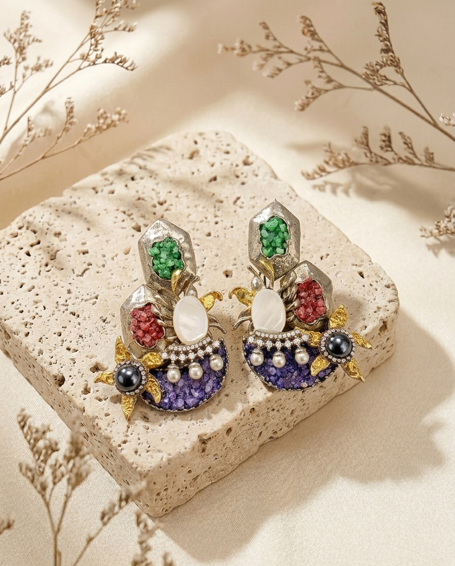 Akisha rhodium plated earrings with American diamonds marcasite mother of pearl and natural gemstones