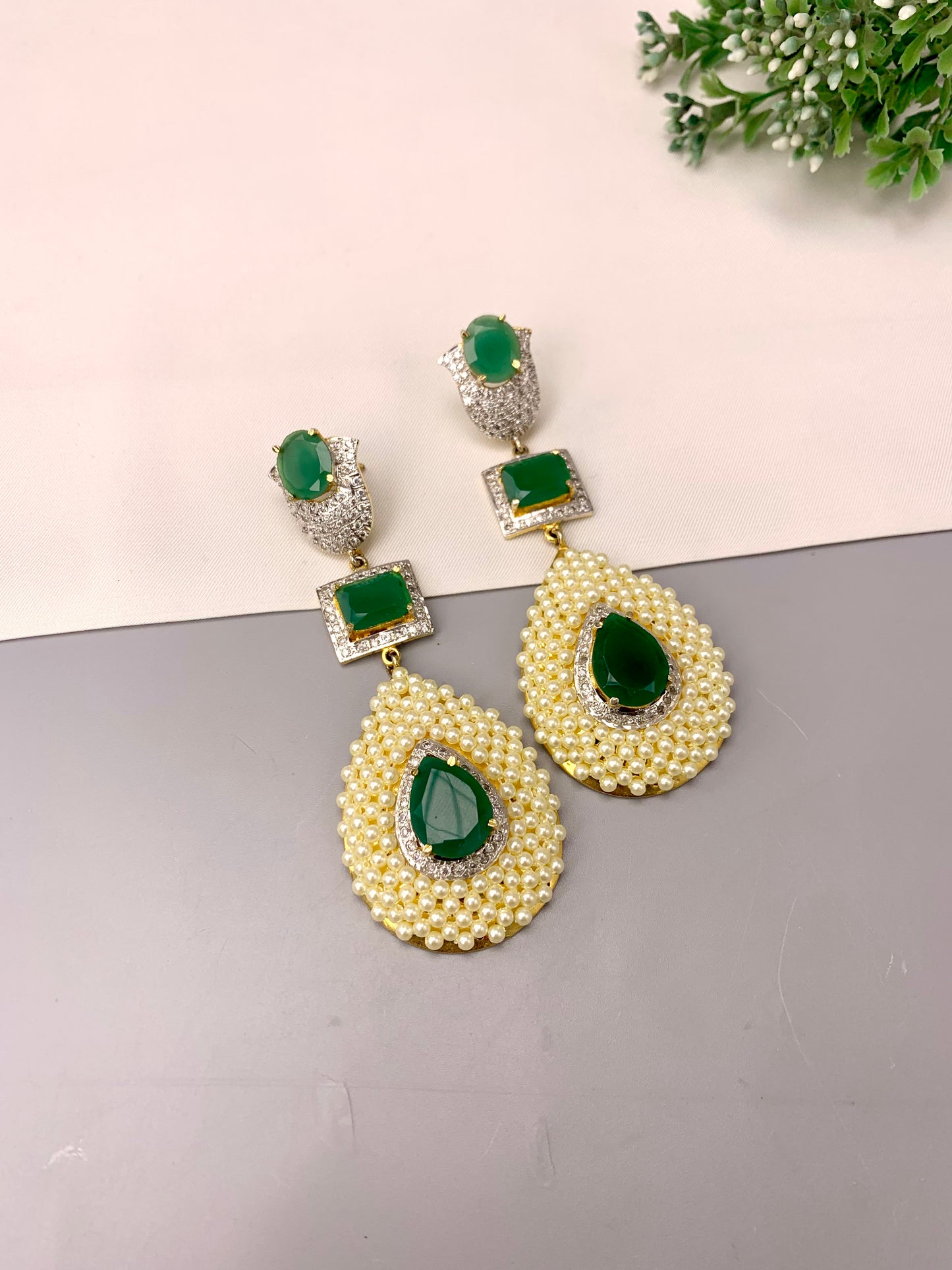 Akshana handcrafted 22kt gold plated earrings with American diamonds, semi-precious emeralds and pearls