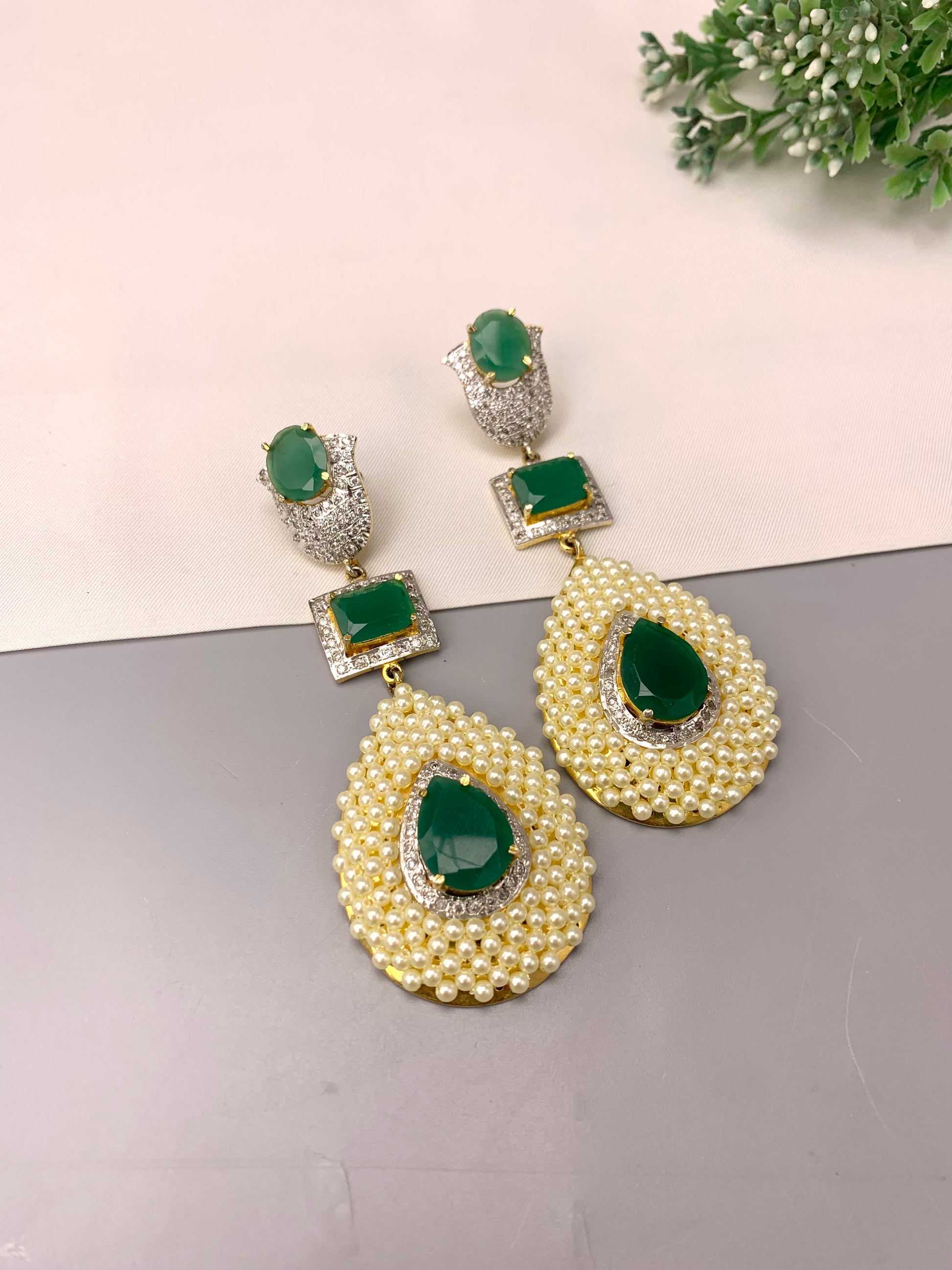 Akshana handcrafted 22kt gold plated earrings with American diamonds, semi-precious emeralds and pearls