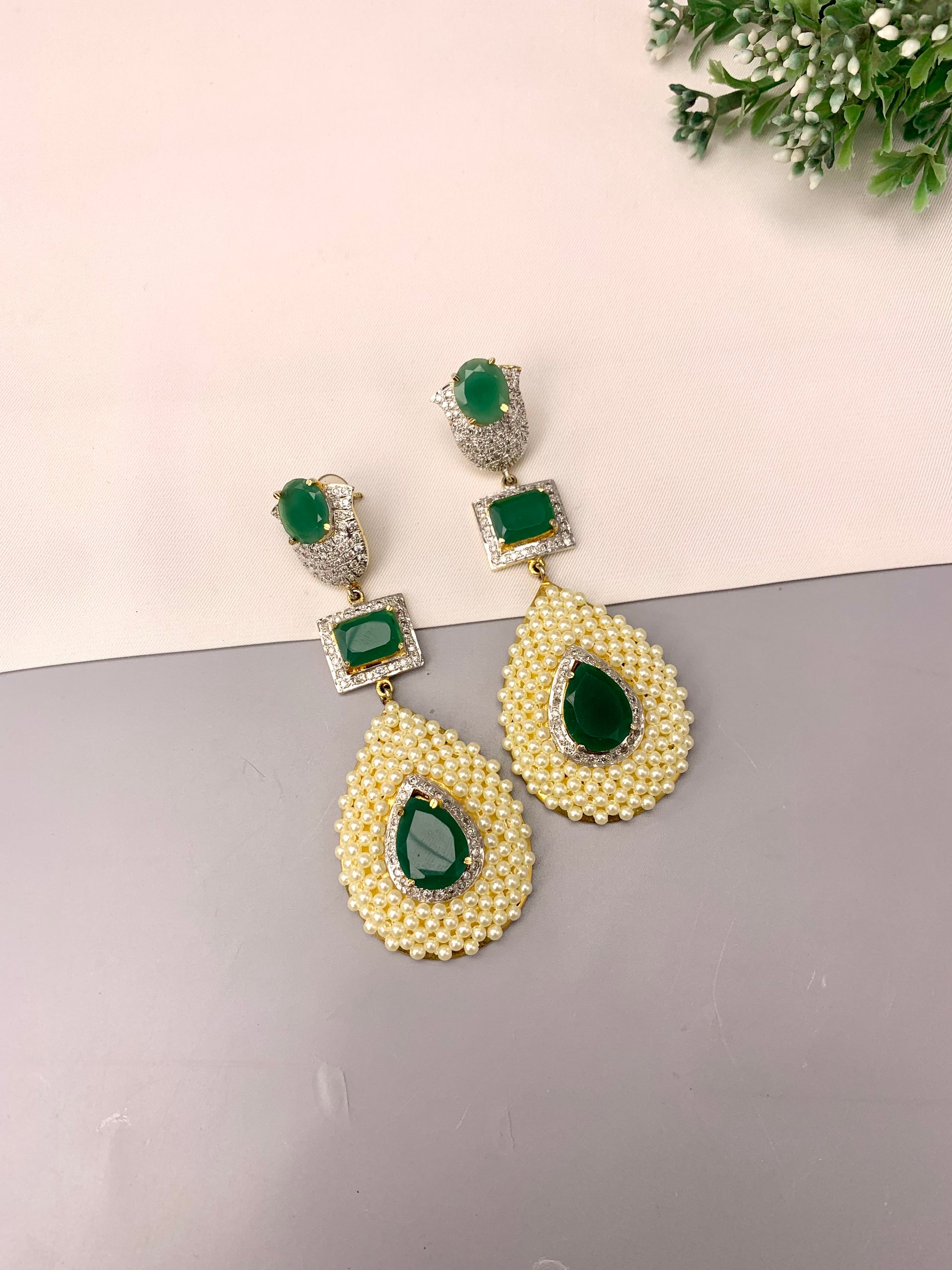 Akshana handcrafted 22kt gold plated earrings with American diamonds, semi-precious emeralds and pearls