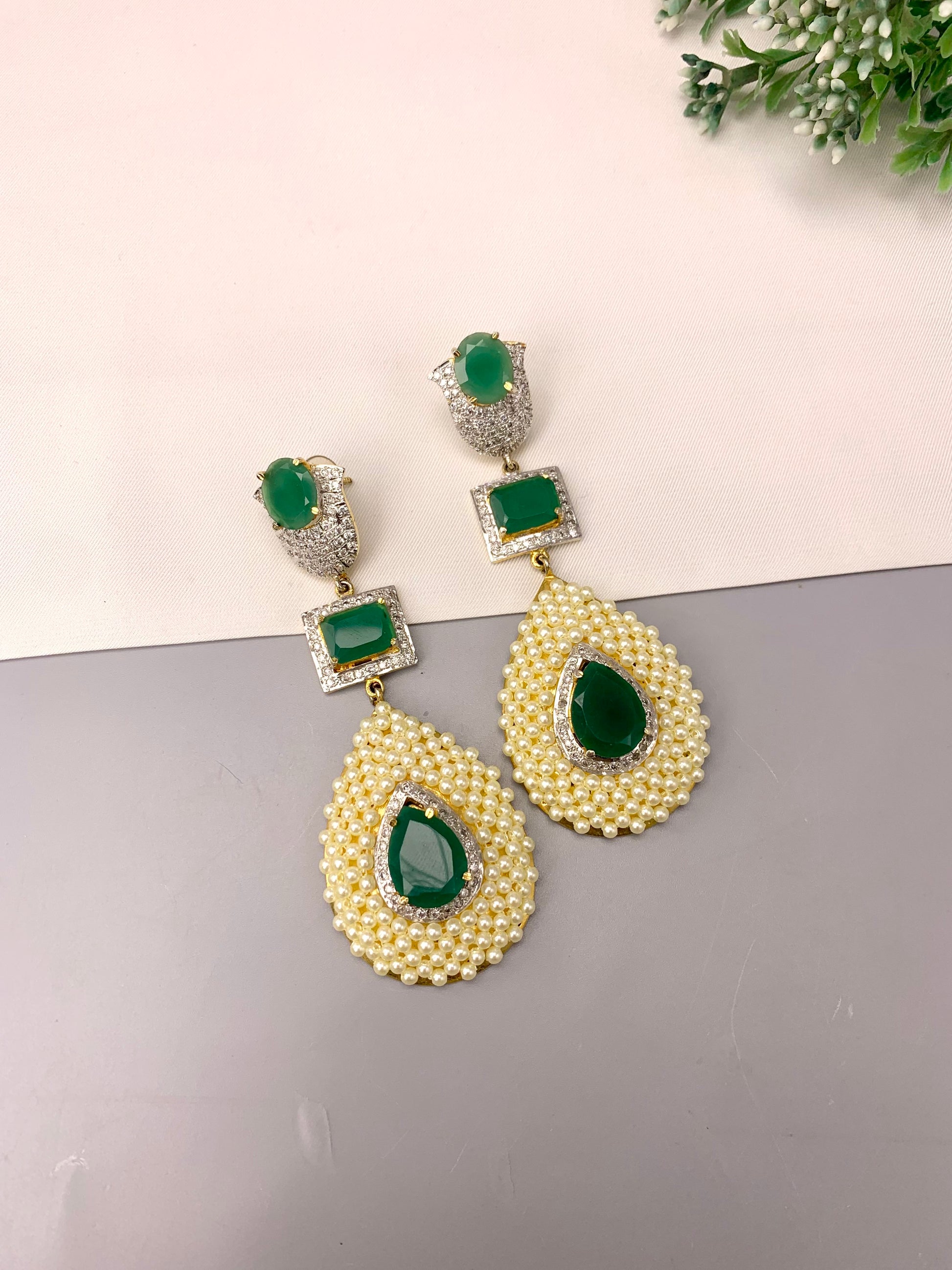 Akshana handcrafted 22kt gold plated earrings with American diamonds, semi-precious emeralds and pearls