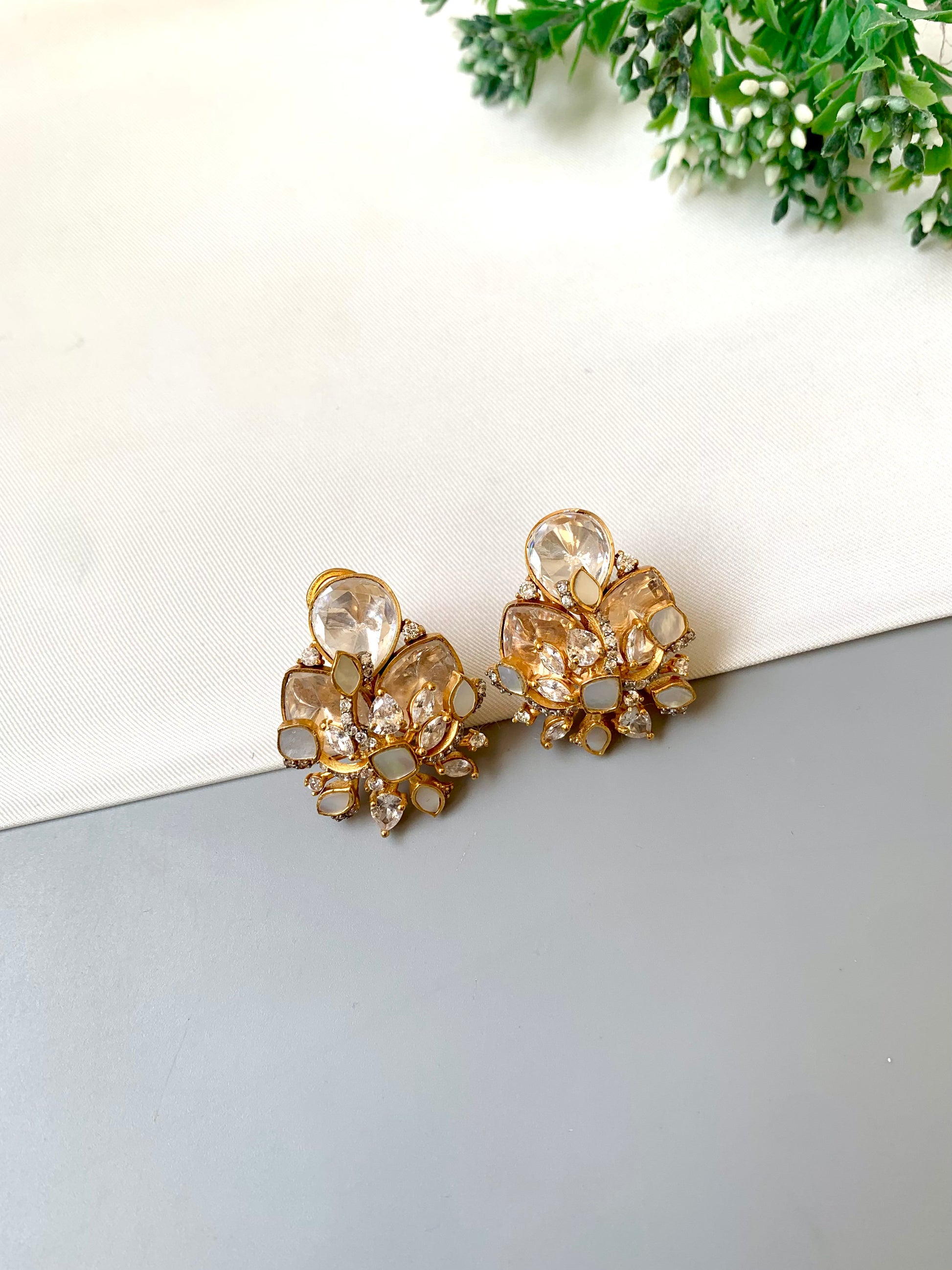 Alina mother of pearl designer studs in Victorian gold plating with moissanite kundan