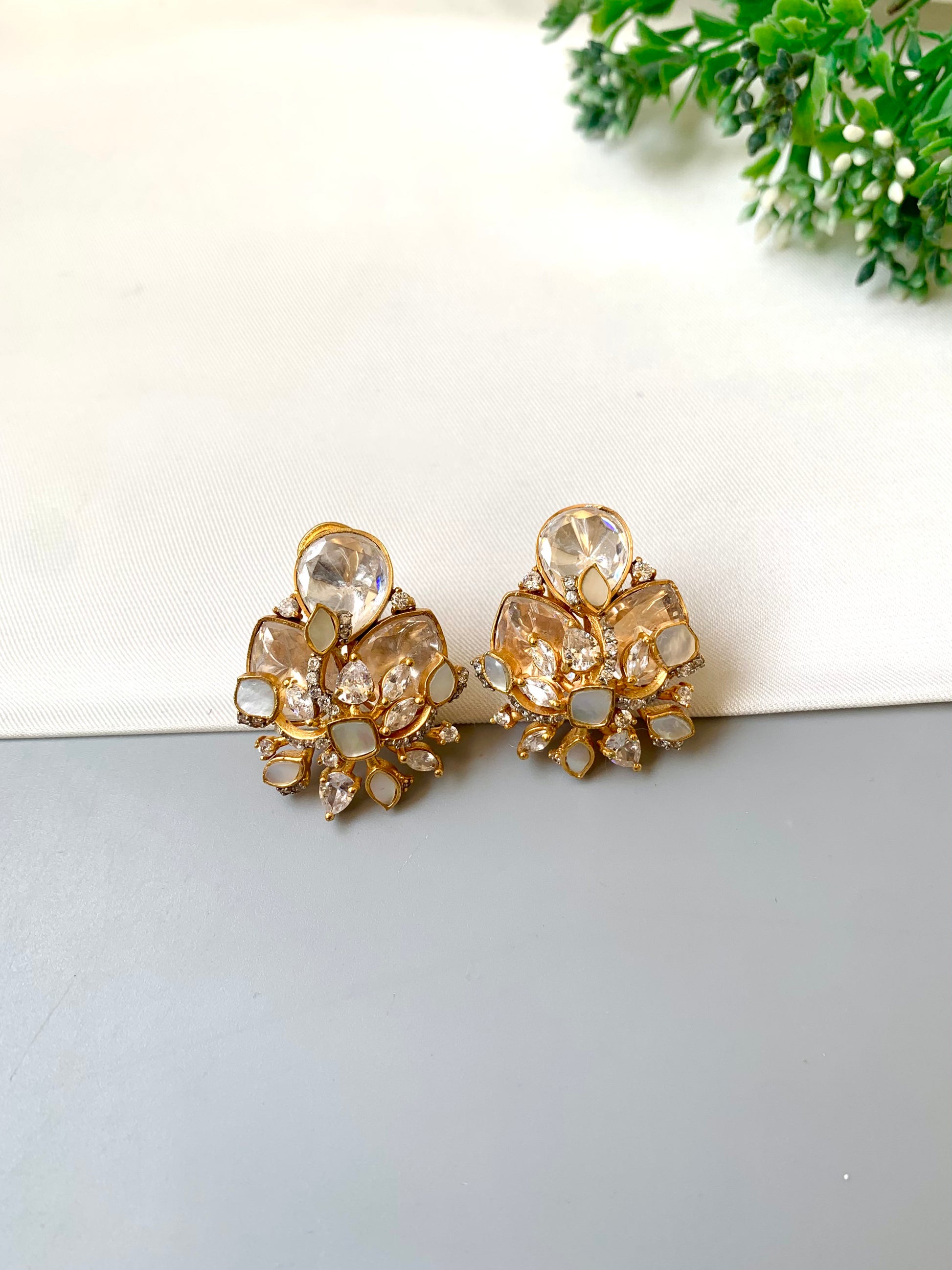 Alina mother of pearl designer studs in Victorian gold plating with moissanite kundan