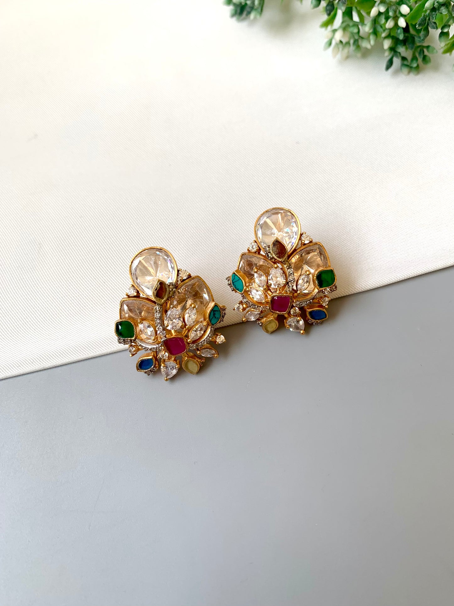 Alina multi gemstone designer studs in Victorian gold plating with moissanite kundan and navratan stones