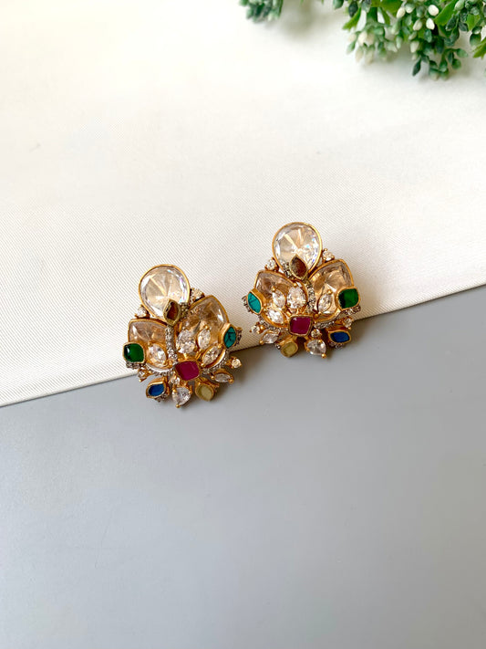 Alina multi gemstone designer studs in Victorian gold plating with moissanite kundan and navratan stones