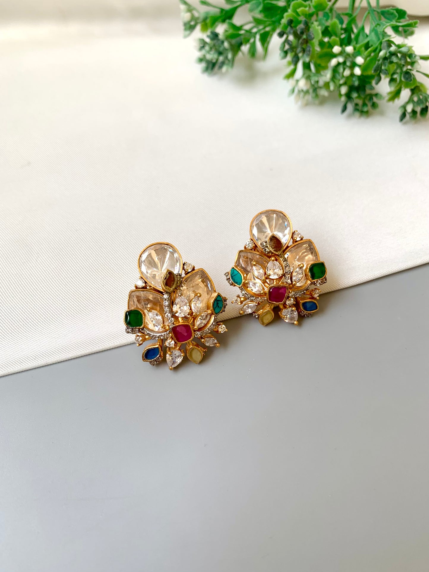 Alina multi gemstone designer studs in Victorian gold plating with moissanite kundan and navratan stones