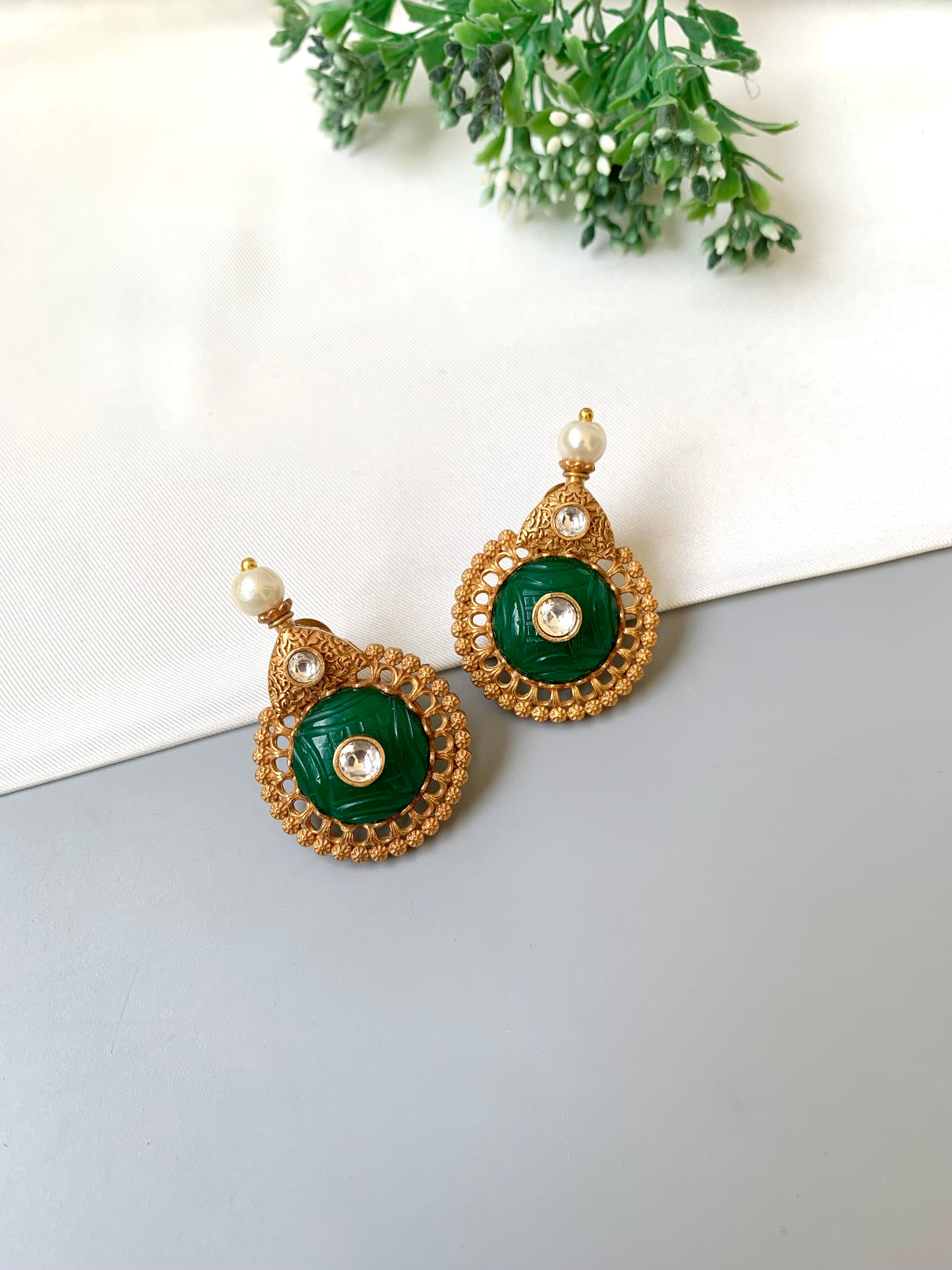 Amaya emerald designer earrings in Victorian gold plating with moissanite and pearl detailing