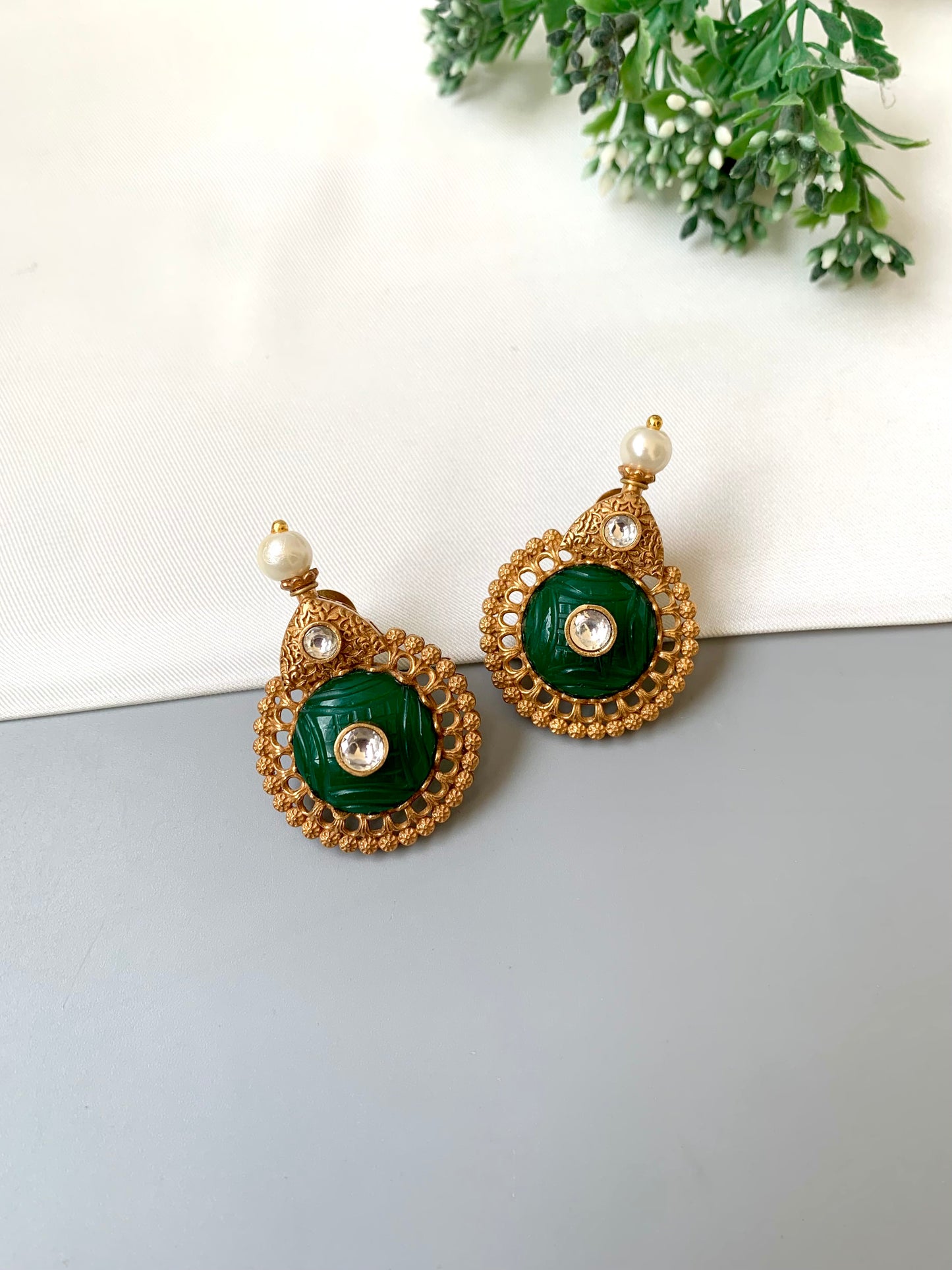 Amaya emerald designer earrings in Victorian gold plating with moissanite and pearl detailing