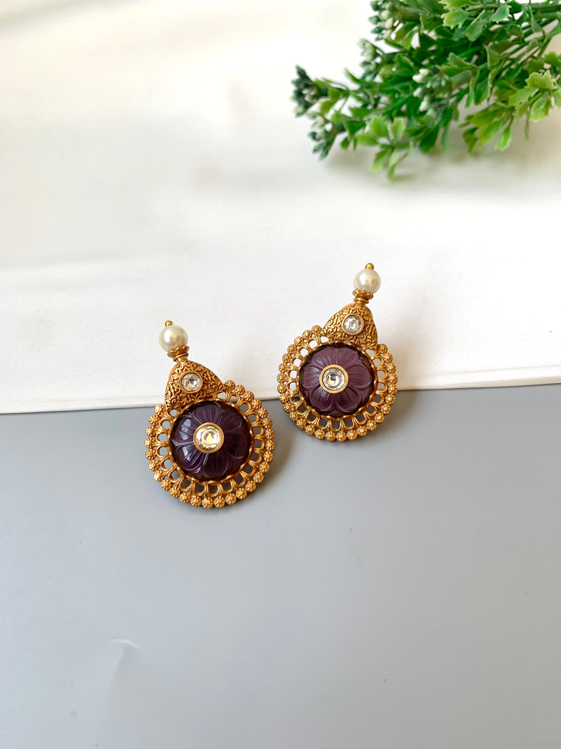 Amaya grey designer earrings in Victorian gold plating with moissanite and pearl detailing