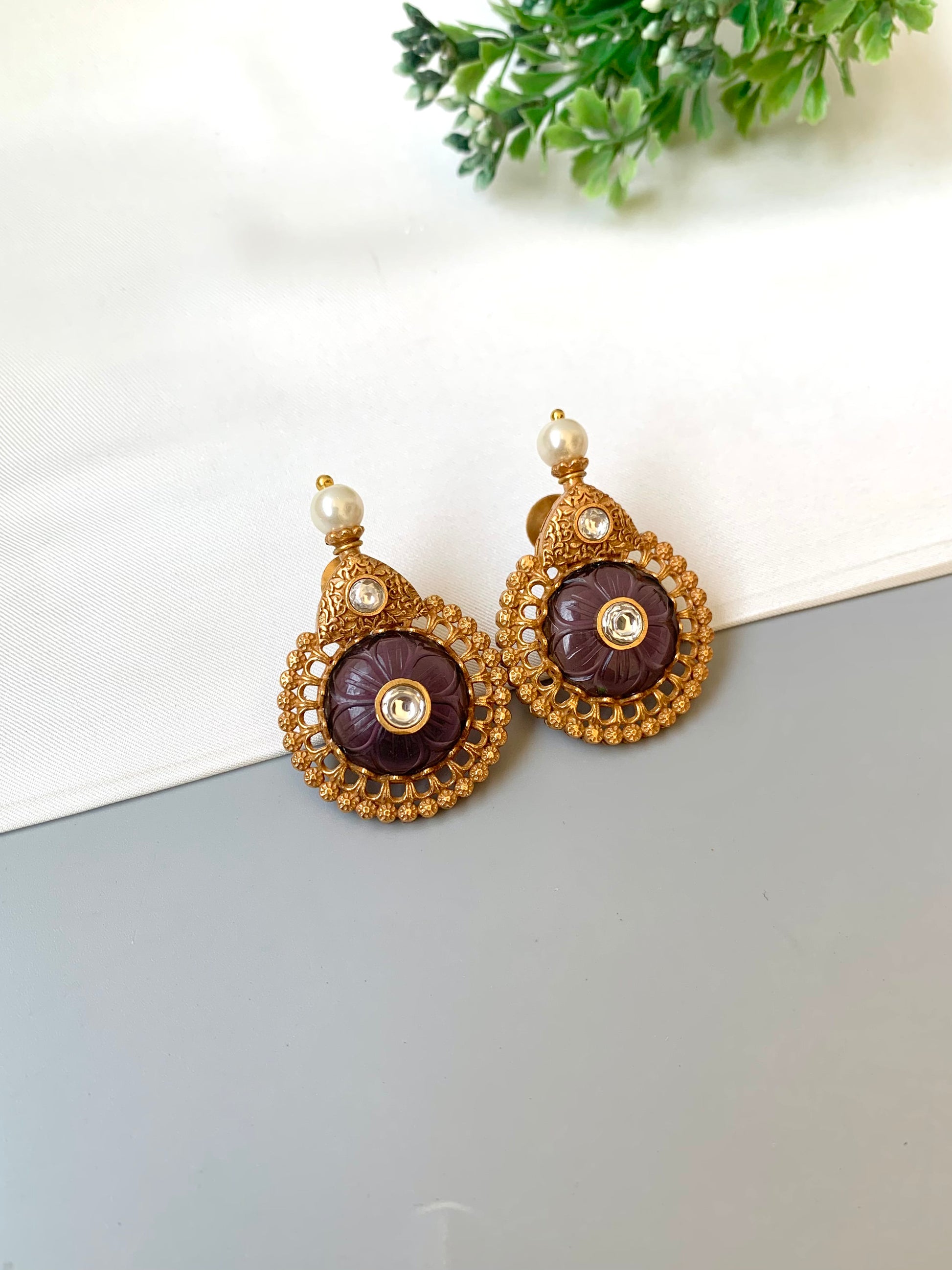 Amaya grey designer earrings in Victorian gold plating with moissanite and pearl detailing