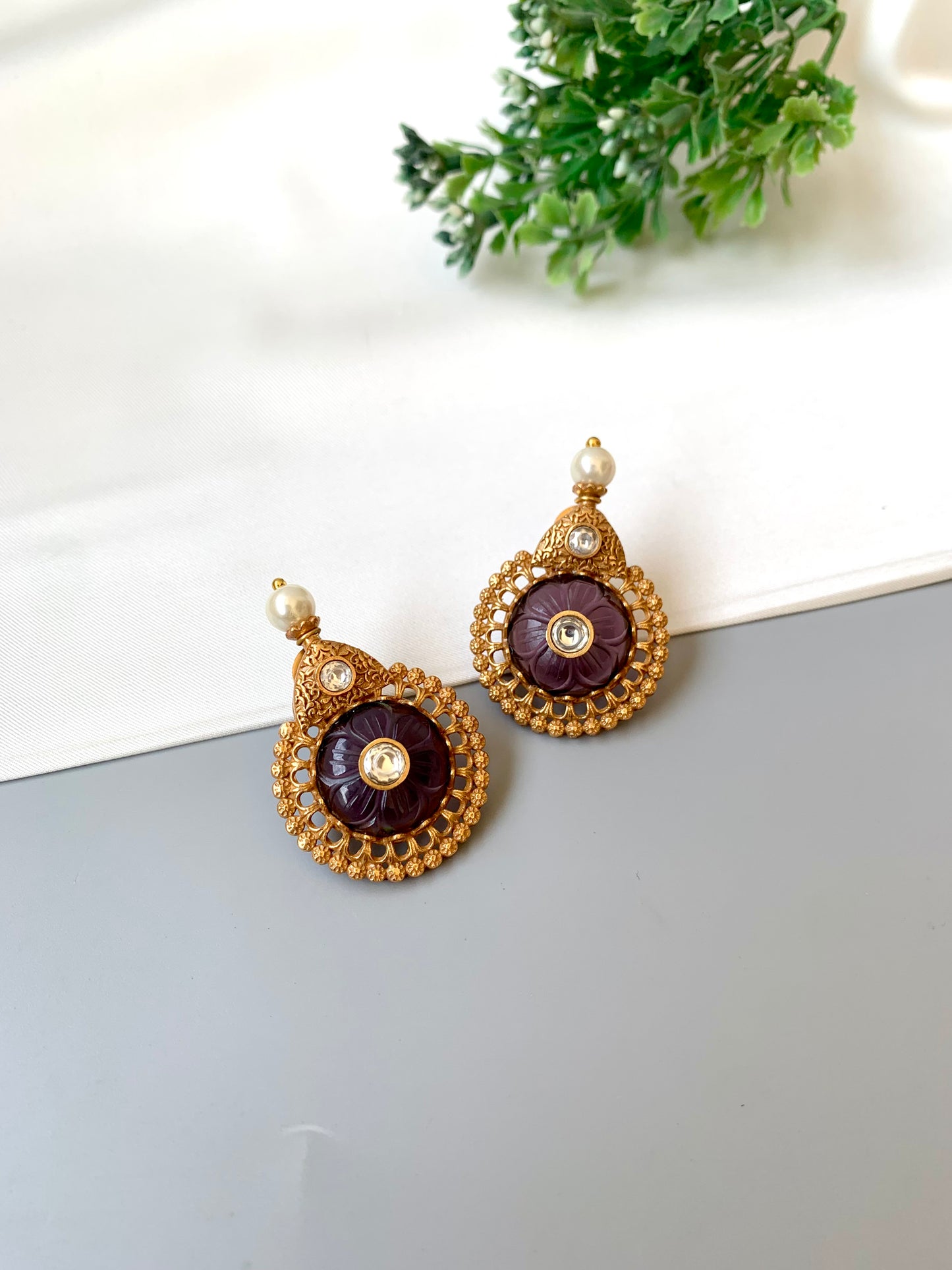 Amaya grey designer earrings in Victorian gold plating with moissanite and pearl detailing