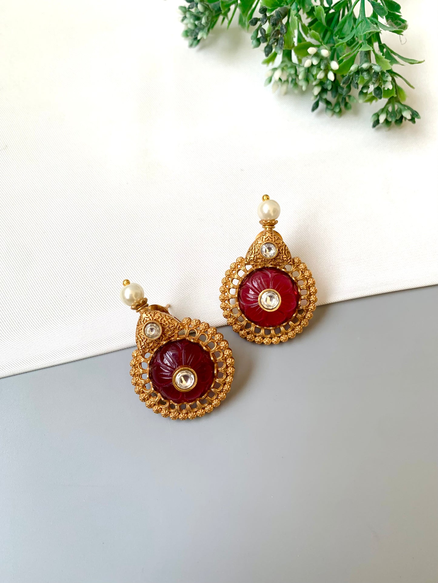 Amaya ruby designer earrings in Victorian gold plating with moissanite and pearl detailing