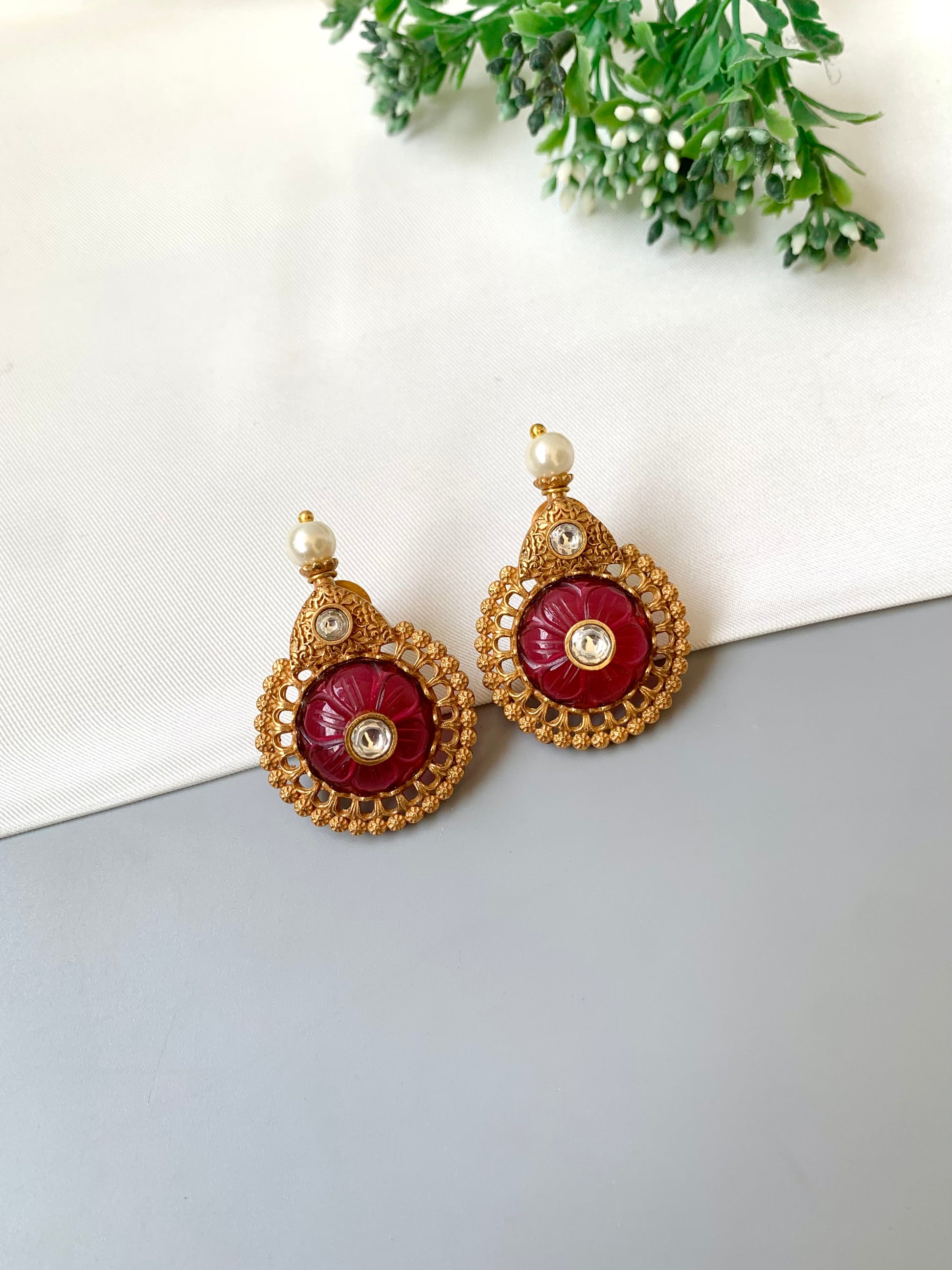 Amaya ruby designer earrings in Victorian gold plating with moissanite and pearl detailing