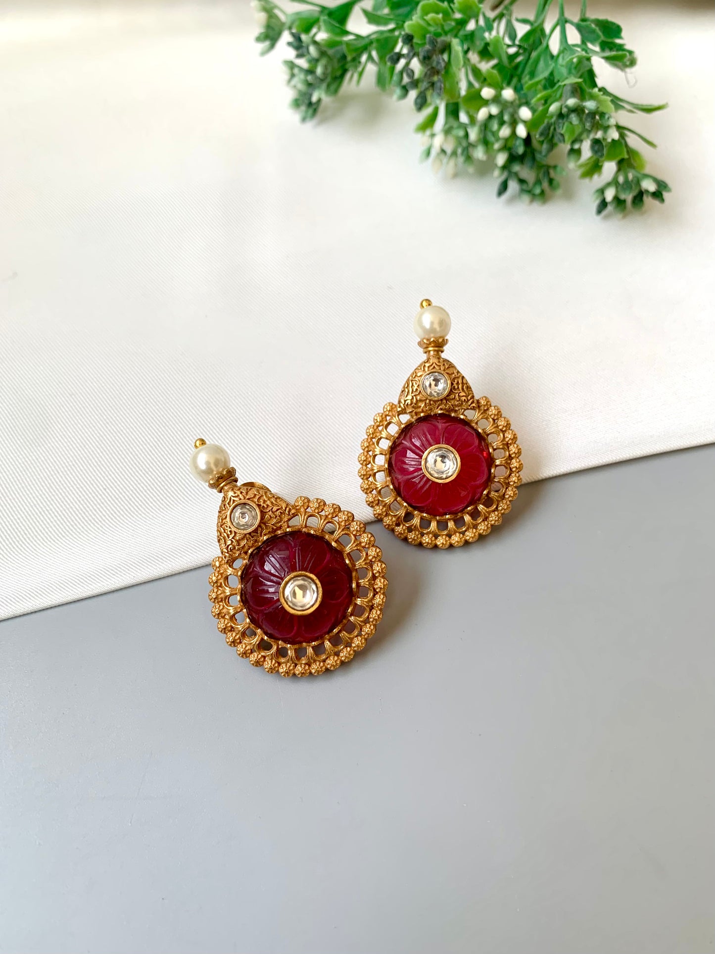 Amaya ruby designer earrings in Victorian gold plating with moissanite and pearl detailing