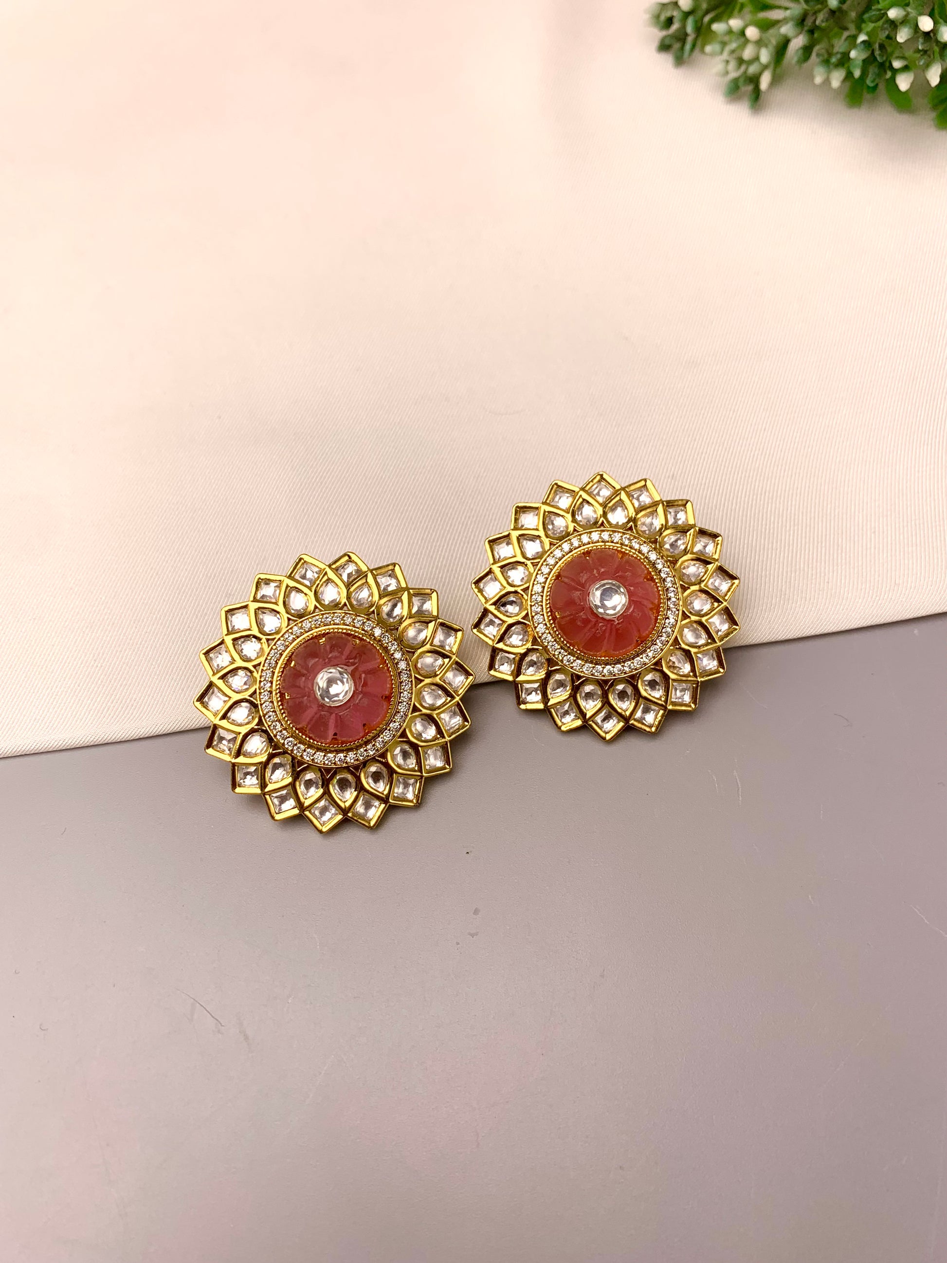 Amilia handcrafted 22kt gold plated studs featuring American Diamonds, Polki Kundan, and semi-precious natural hand-carved melon beads