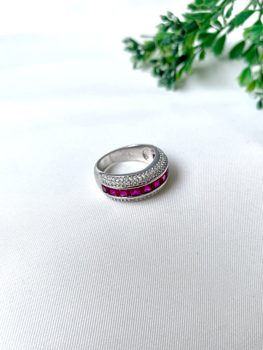Amira Rouge Ring from Zamal Jewels featuring ruby stones and American Diamonds in rhodium finish